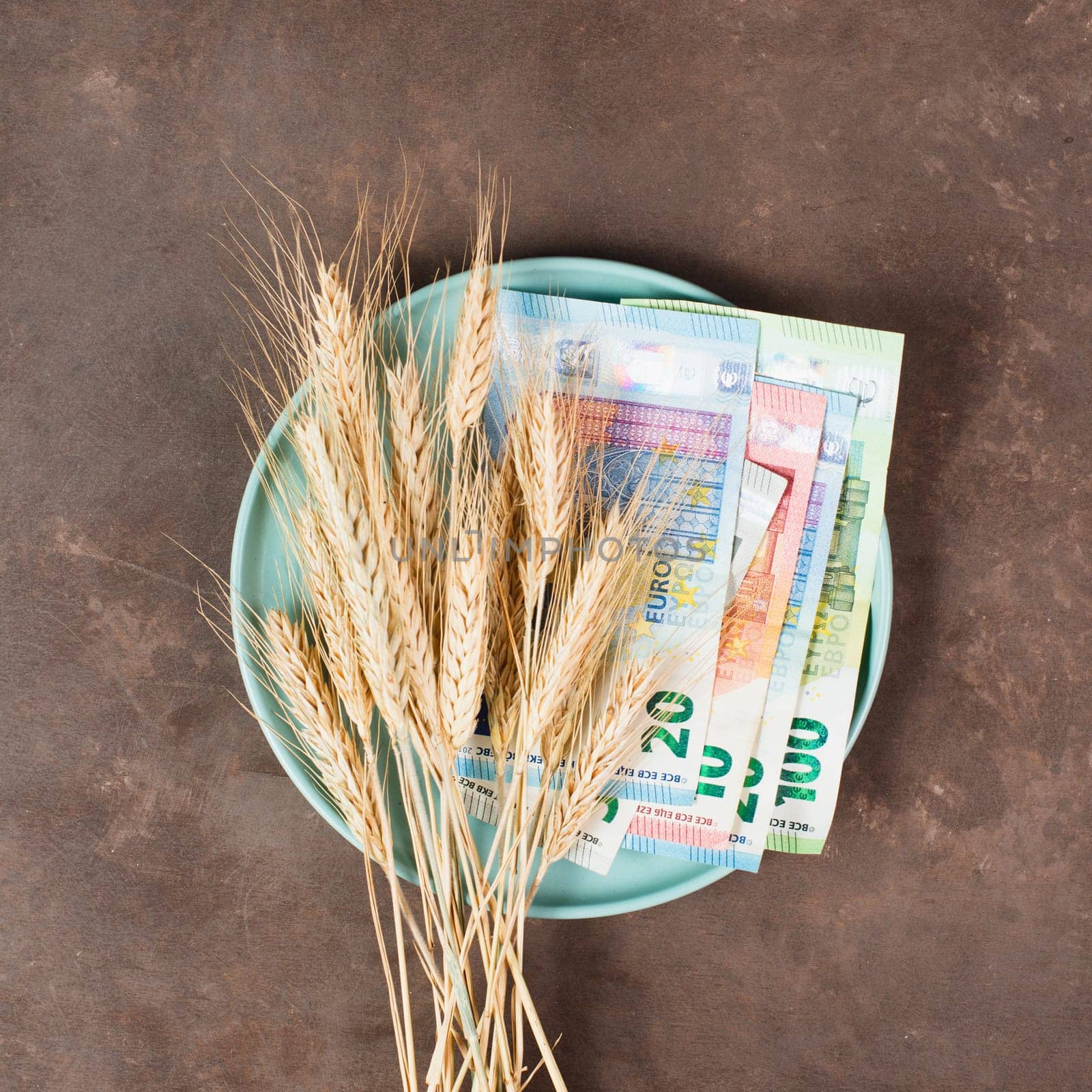 Plate with wheat and Euro banknotes, food shortage and increasing prices, poverty through inflation