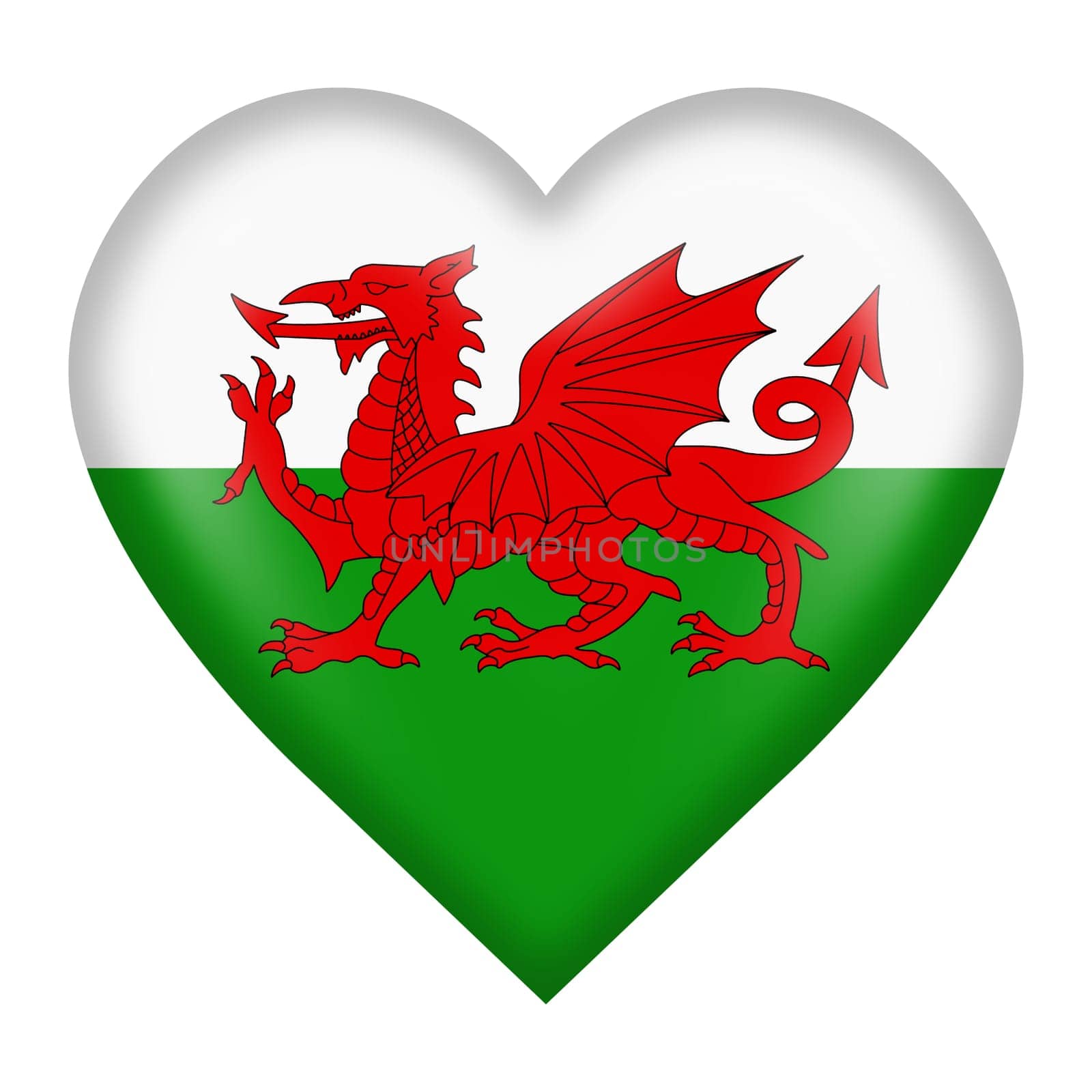 A Wales flag heart button 3d illustration isolated on white with clipping path