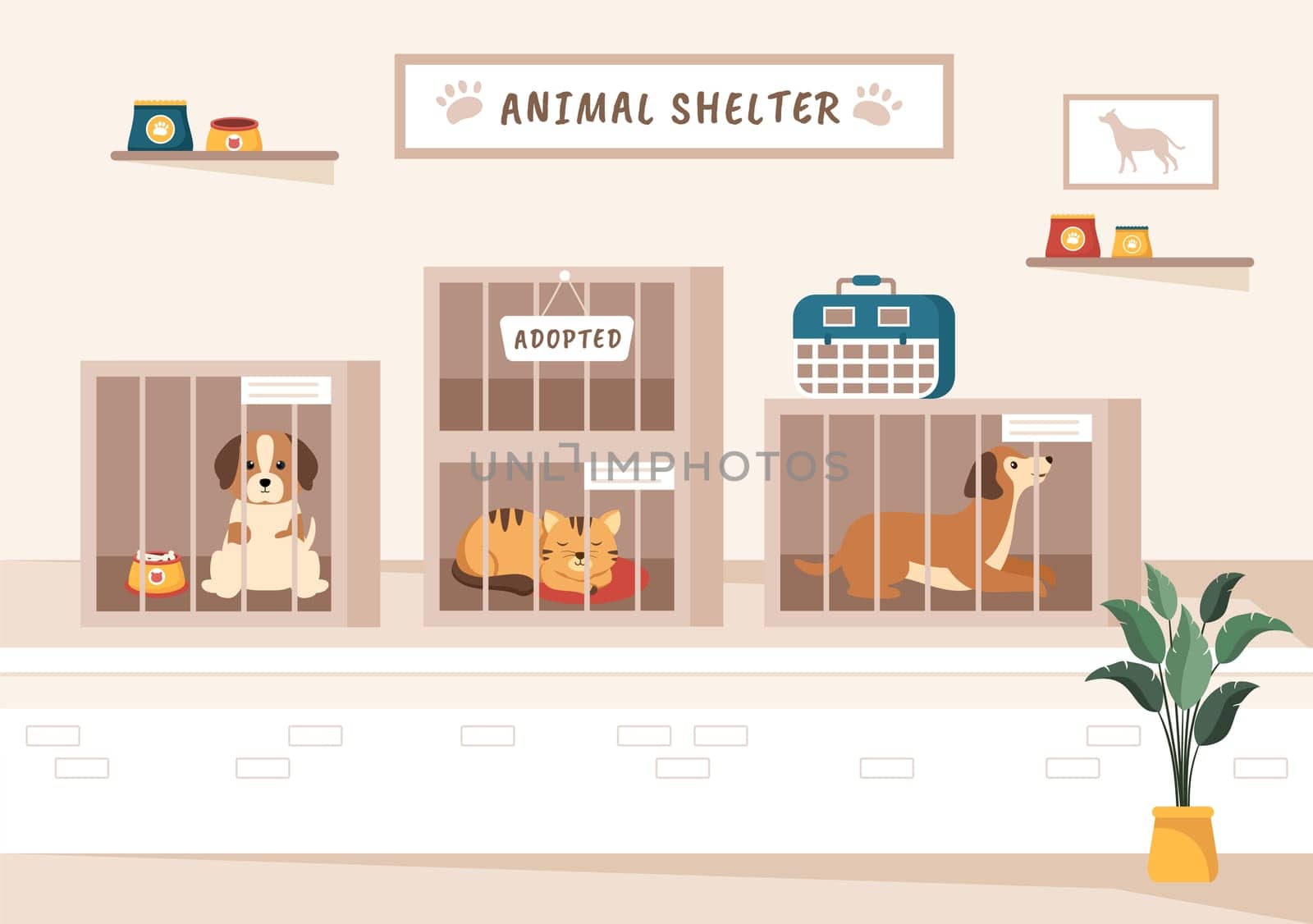 Animal Shelter Cartoon Illustration with Pets Sitting in Cages and Volunteers Feeding Animals for Adopting in Flat Hand Drawn Style Design