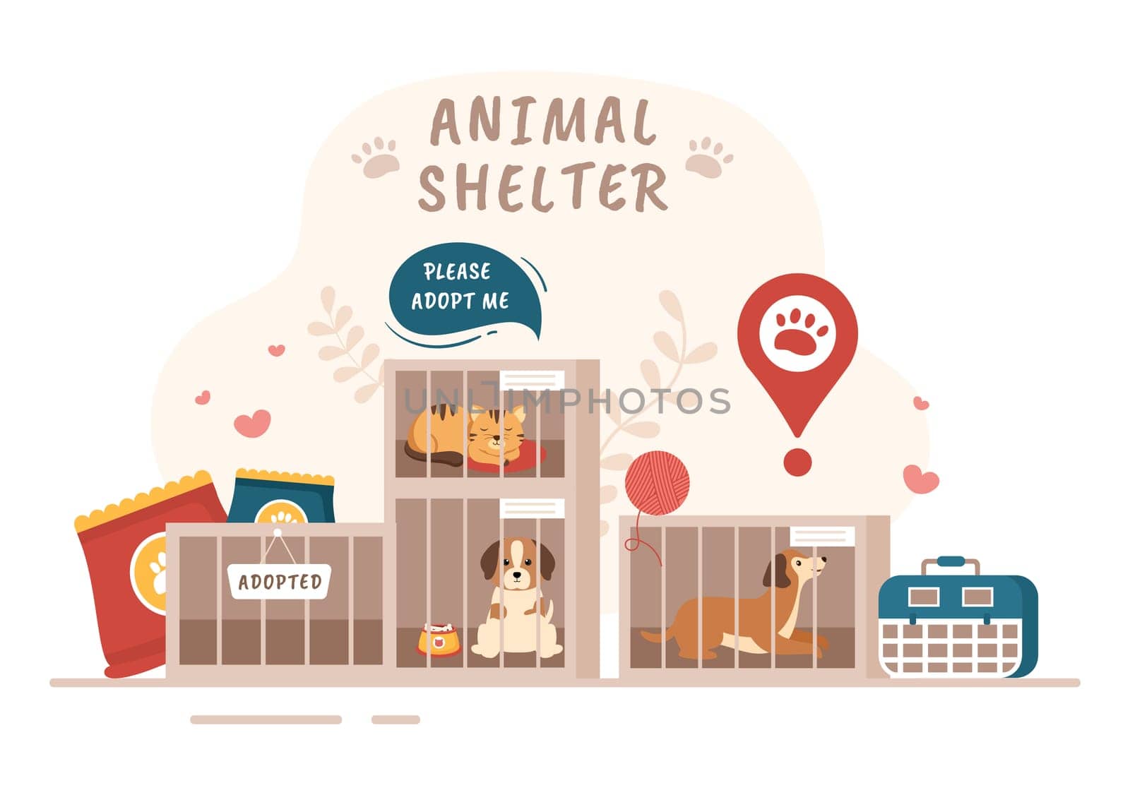Animal Shelter Cartoon Illustration with Pets Sitting in Cages and Volunteers Feeding Animals for Adopting in Flat Hand Drawn Style Design