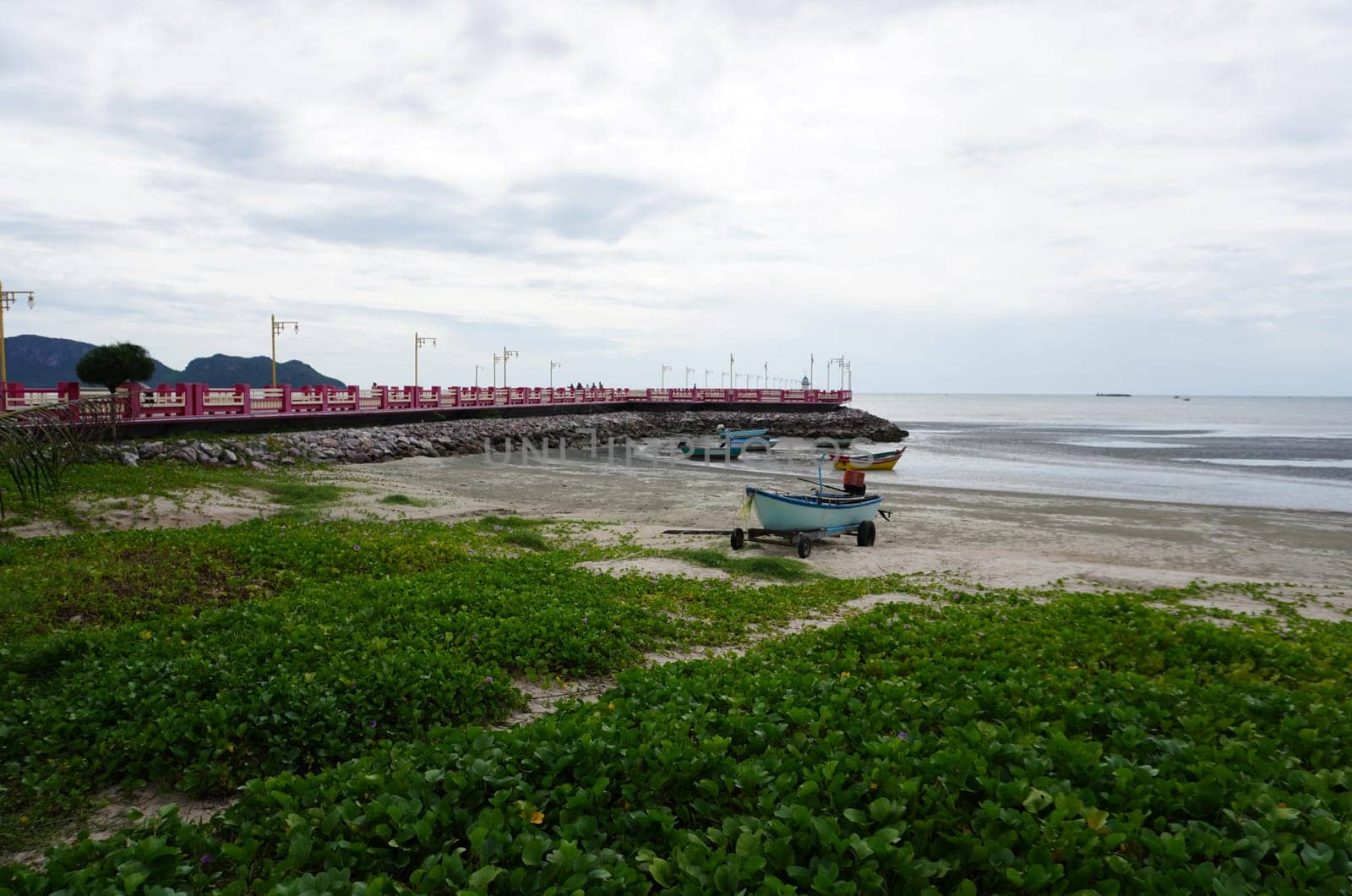 Bridge for mooring fishing boats in the middle of the sea. Prachuap Khiri Khan Province, Thailand
