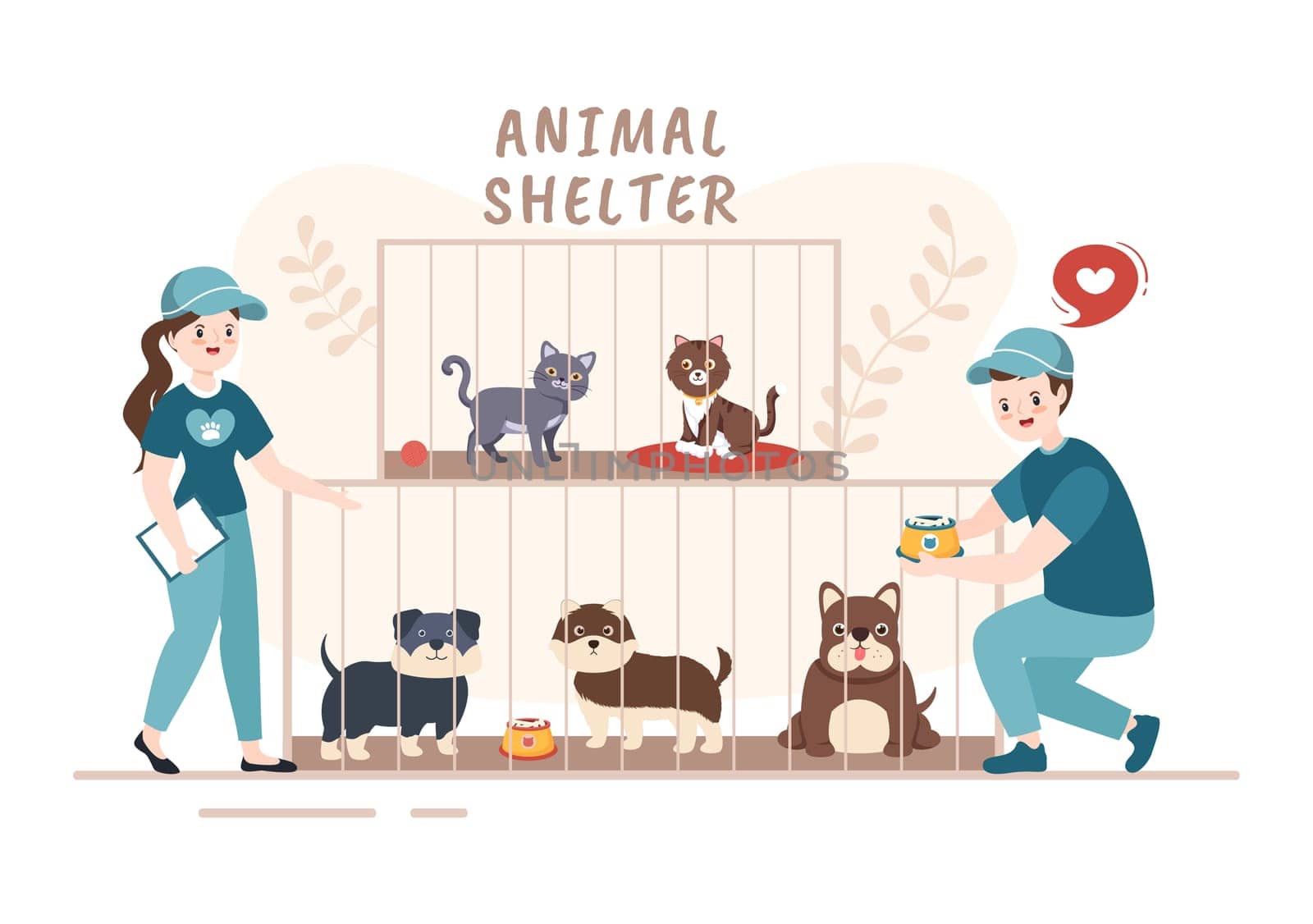 Animal Shelter Cartoon Illustration with Pets Sitting in Cages and Volunteers Feeding Animals for Adopting in Flat Hand Drawn Style Design
