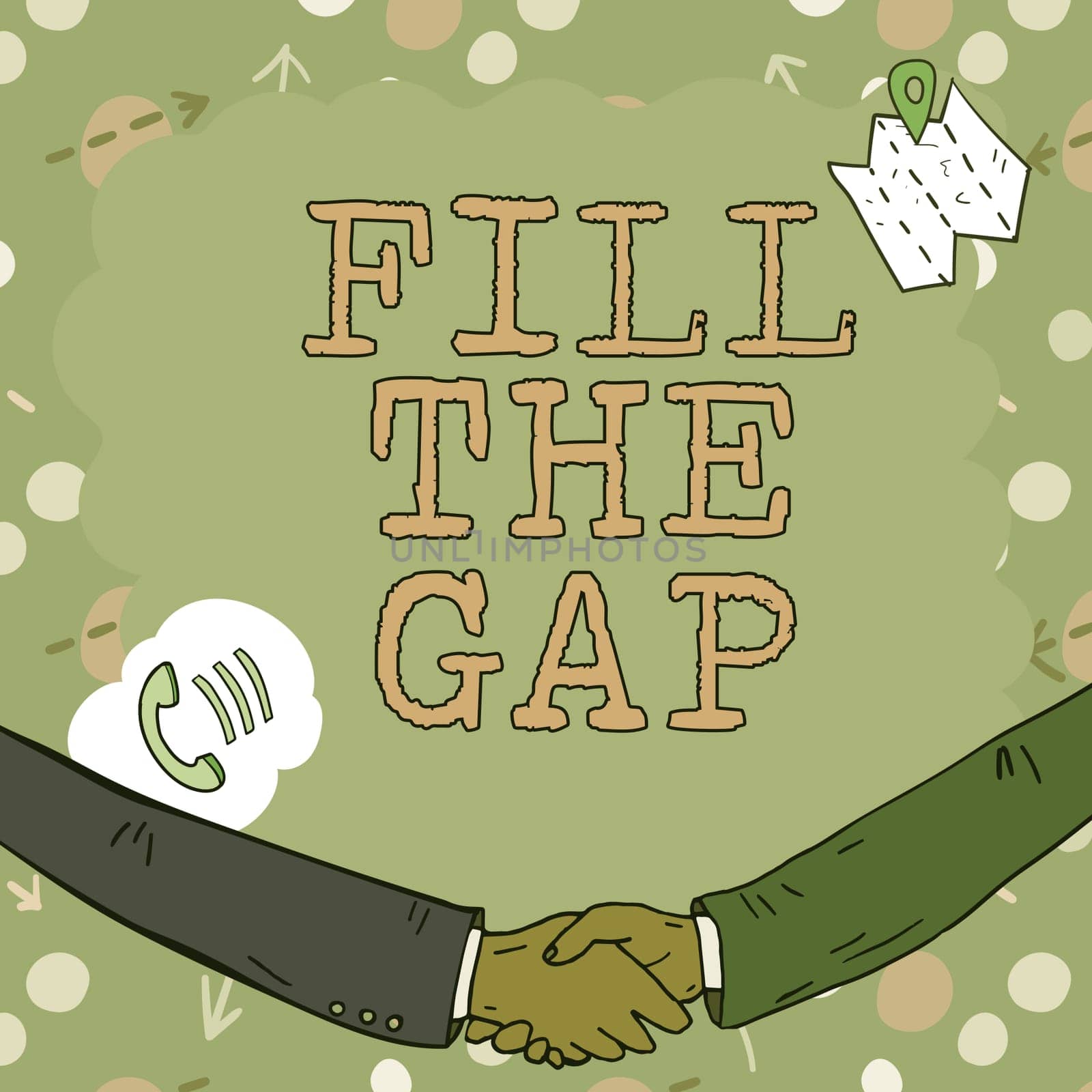 Text caption presenting Fill The Gap, Business idea Put he missing part in its right place Solution to the puzzle Empty frame decorated with communication symbols represent business meeting