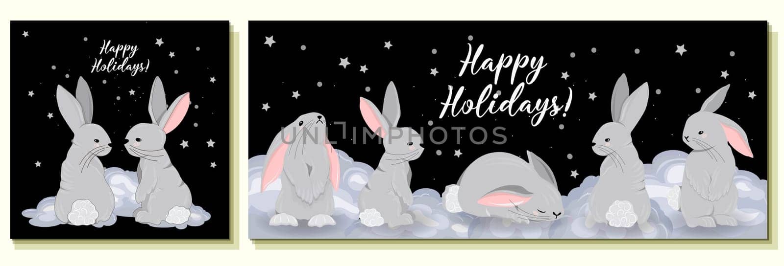 Set of greeting cards 2023. Happy holidays. Rabbit symbol of 2023