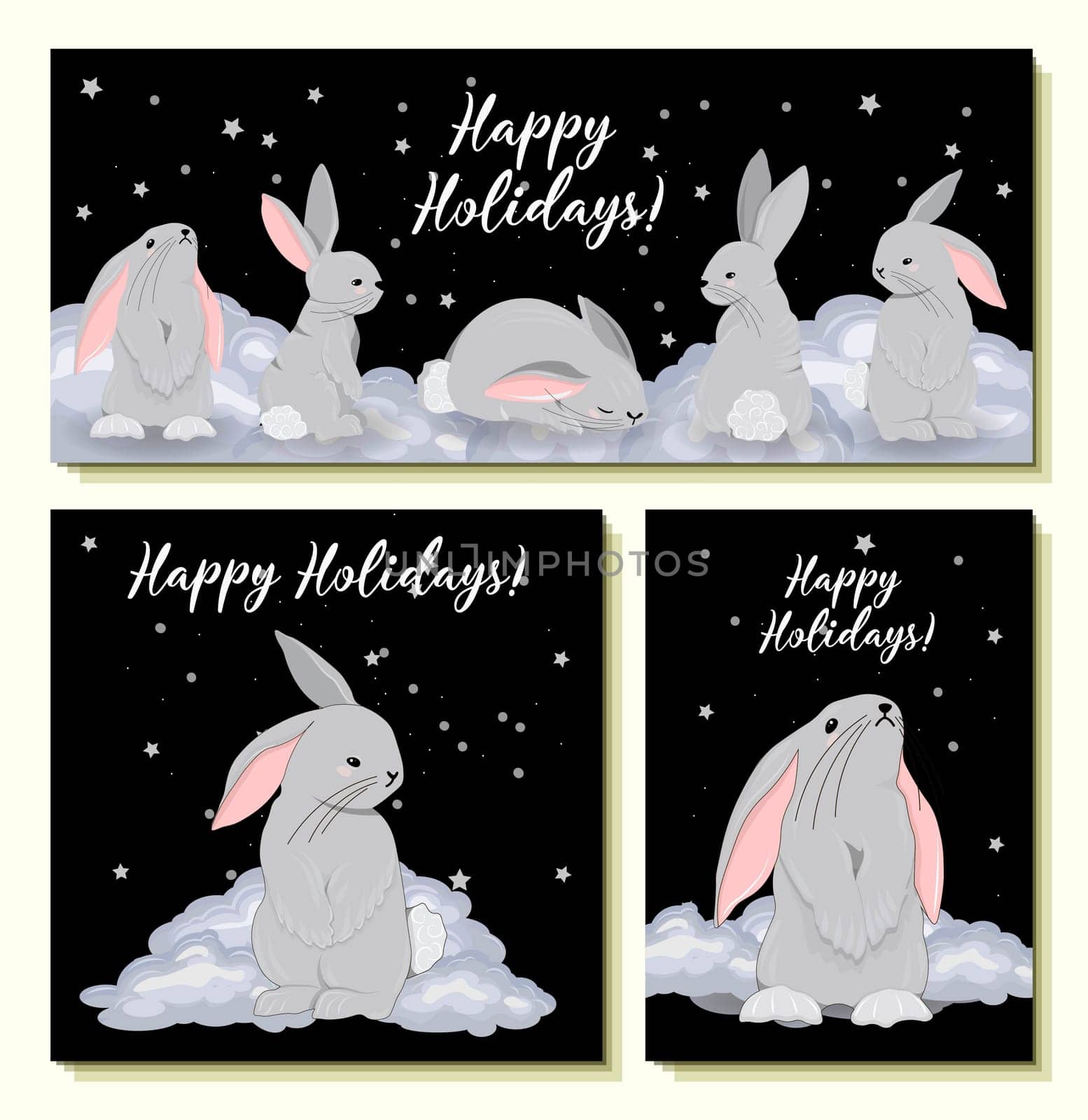 Set of greeting cards 2023. Happy holidays. Rabbit symbol of 2023