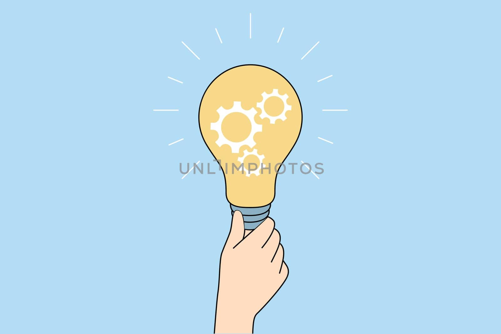 Person holding lightbulb generate creative business idea. Businessperson with light bulb brainstorm solve problem. Solution and innovation. Vector illustration.