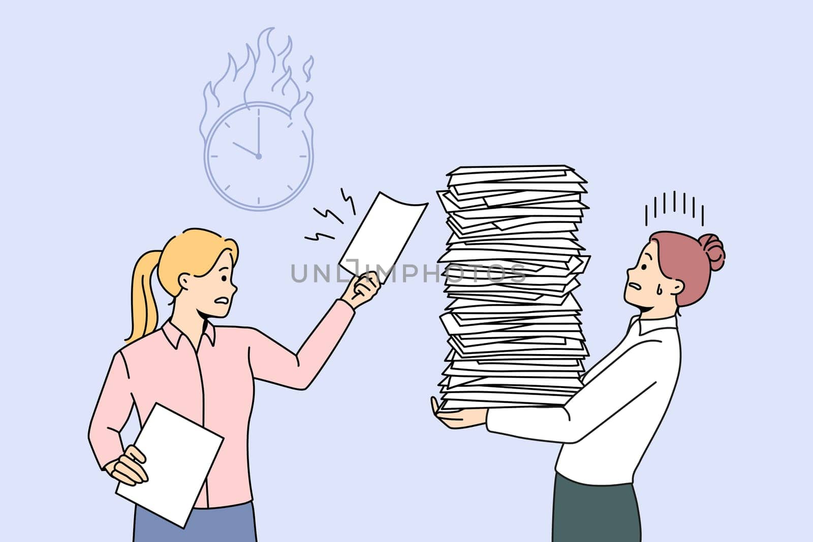 Businesswoman give more work to stressed female employee with stack of papers. Office manager overwhelmed with paperwork. Burnout and fatigue. Vector illustration.