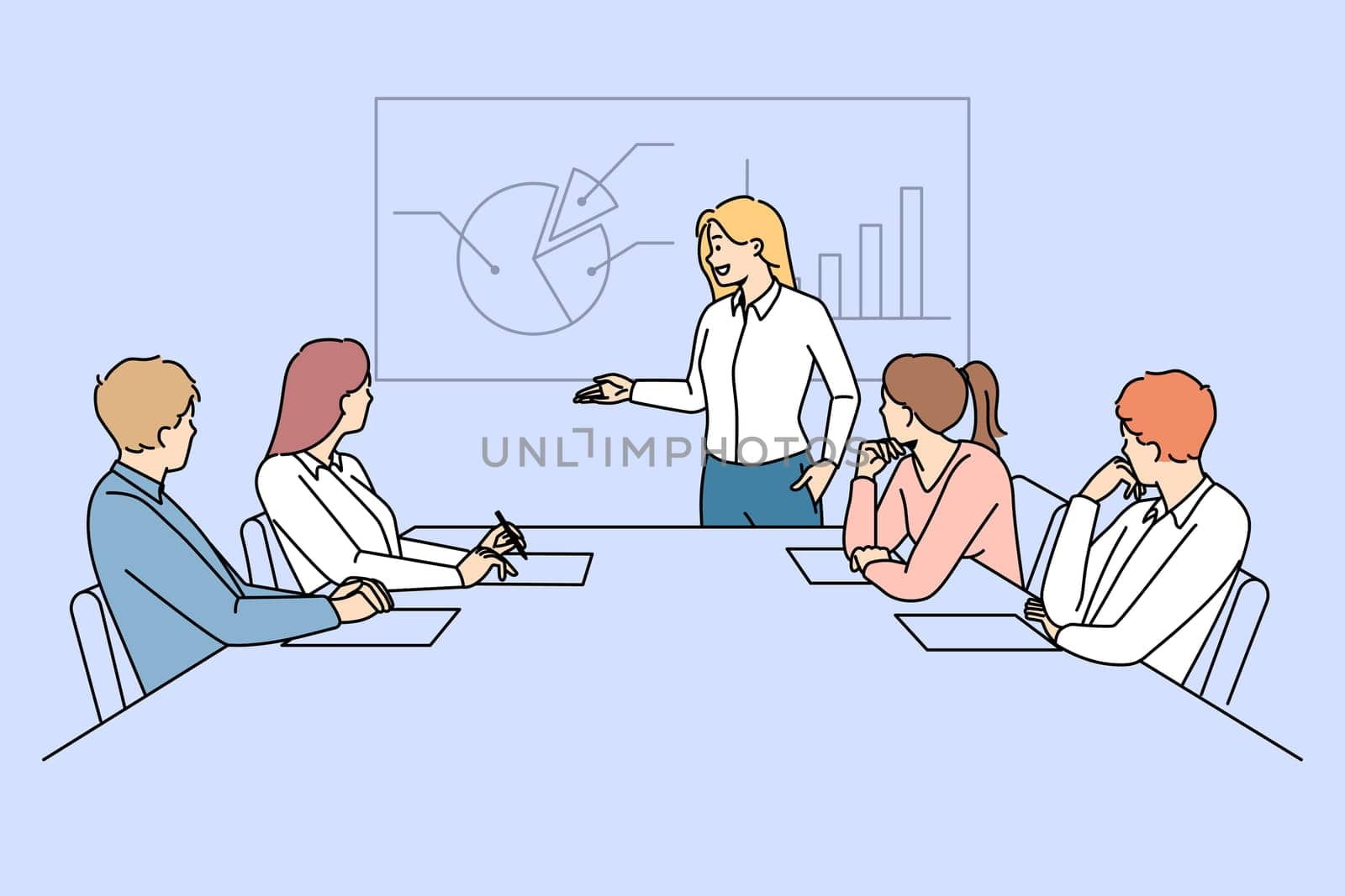 Businesswoman make presentation for colleagues in office meeting. Successful woman leader present financial project for employee. Teamwork and leadership. Vector illustration.