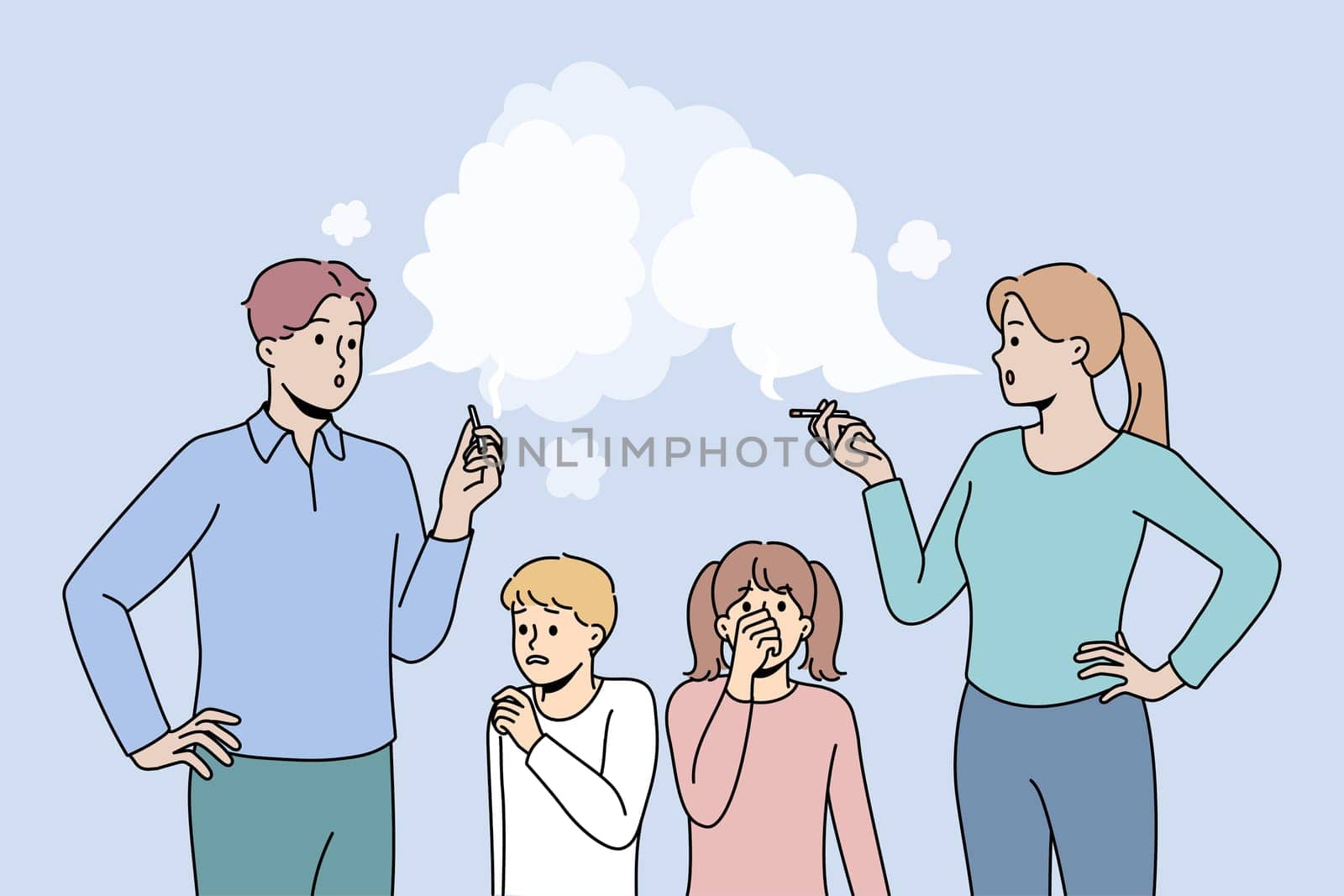 Little children suffer from smoking parents. Kids passive smokers because mother and father with bad habit. Health harm and effect. Vector illustration.