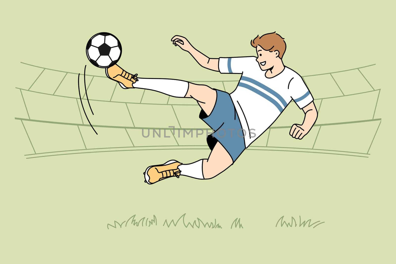 Footballer player kick ball at field. Footballer in uniform score goal in match. Sport and game concept. Vector illustration.