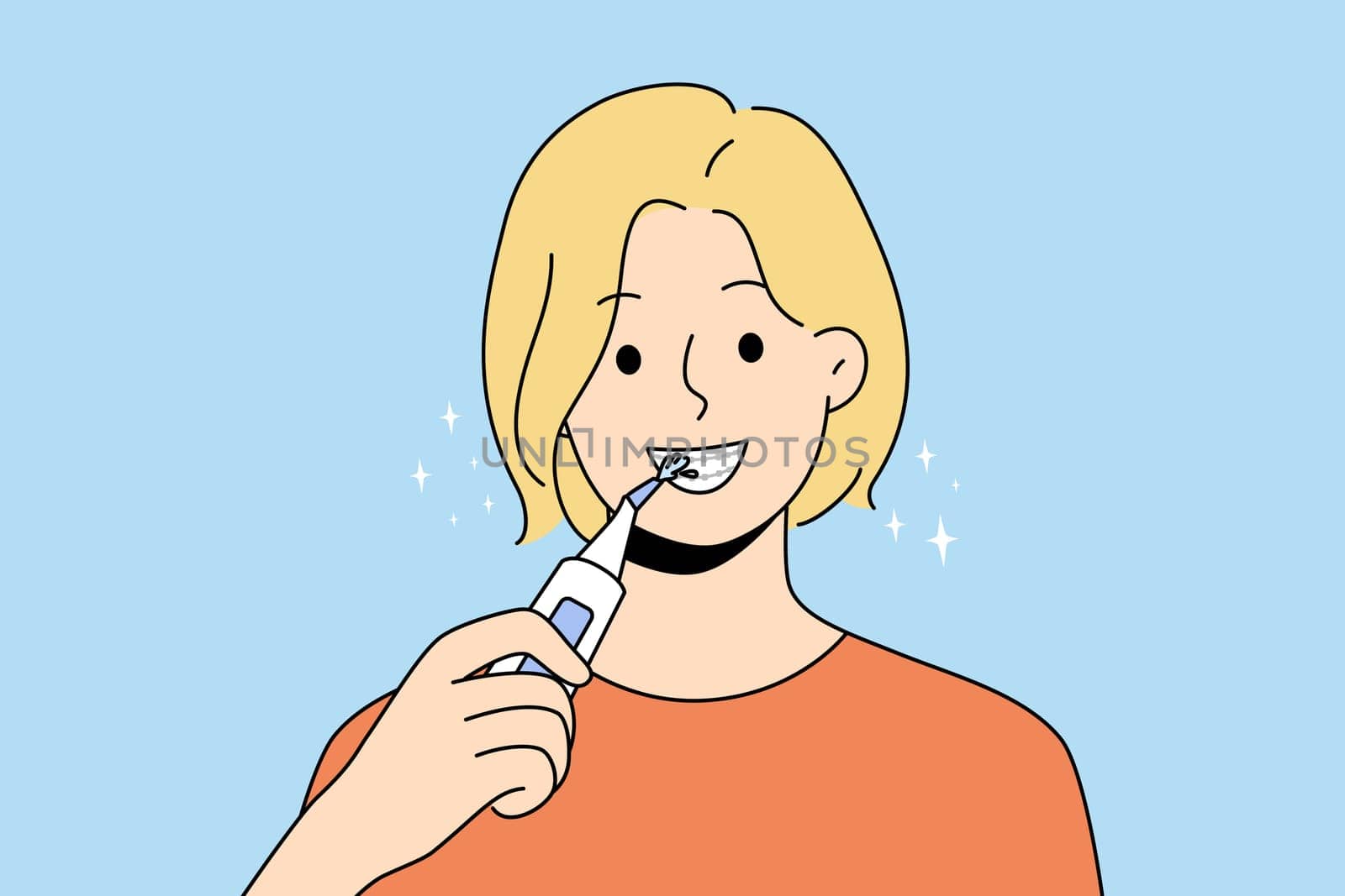 Smiling woman with braces clean teeth with dental irrigator. Happy female use brush take acre of oral hygiene. Dentistry and healthcare. Vector illustration.