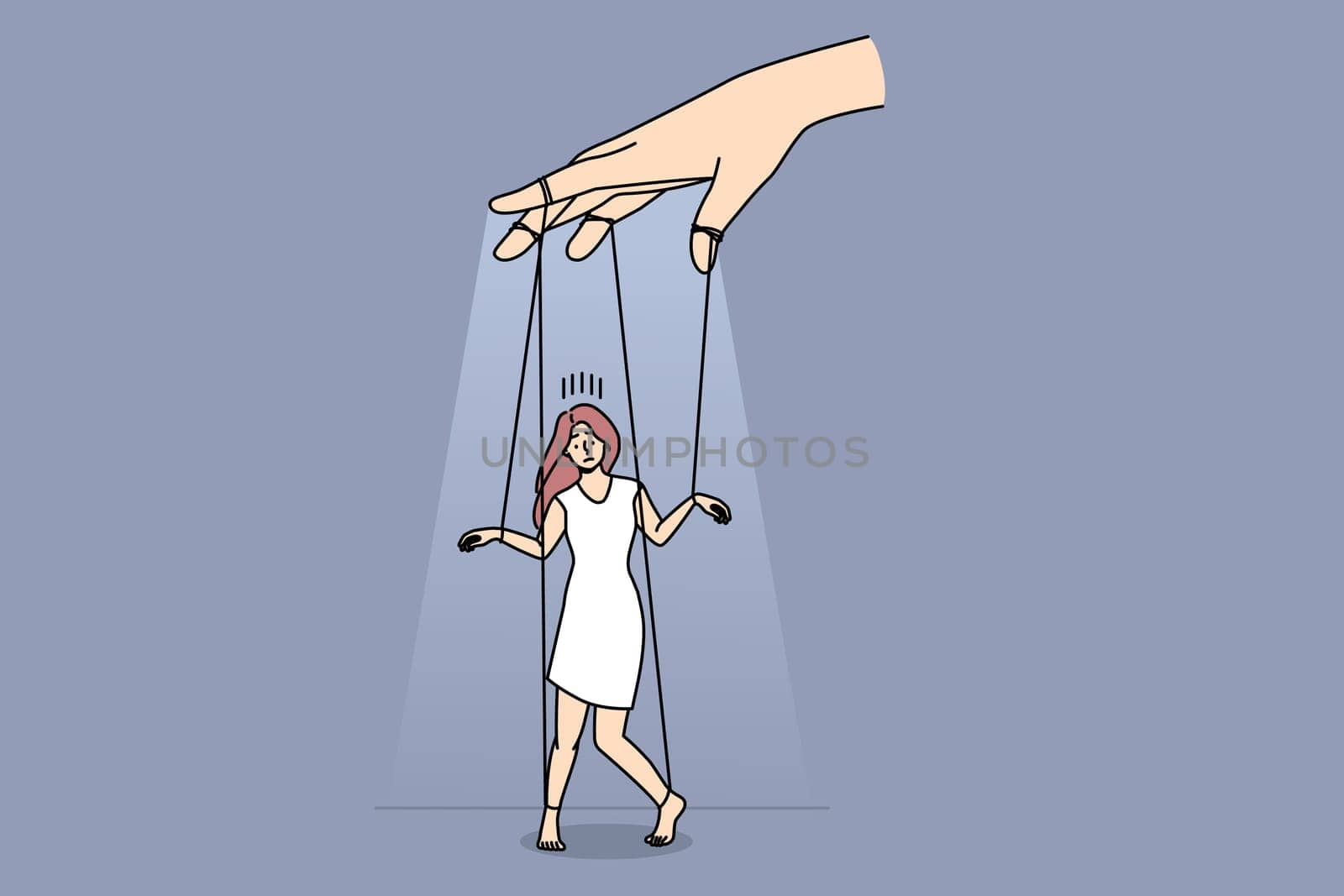 Person holding woman as puppet doll on ropes. Puppeteer control manipulate female character. Manipulation and marionette. Vector illustration.