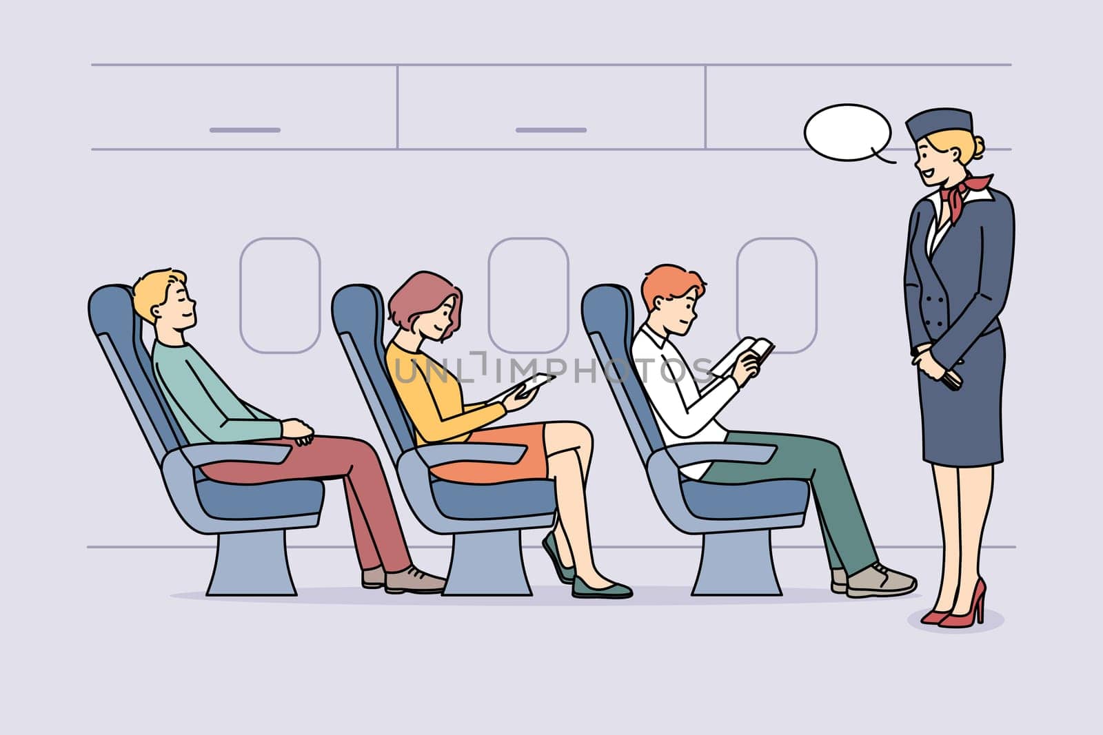 Stewardess talking with passengers on plane. Aircraft staff serving people onboard of aircraft. Aviation service. Vector illustration.