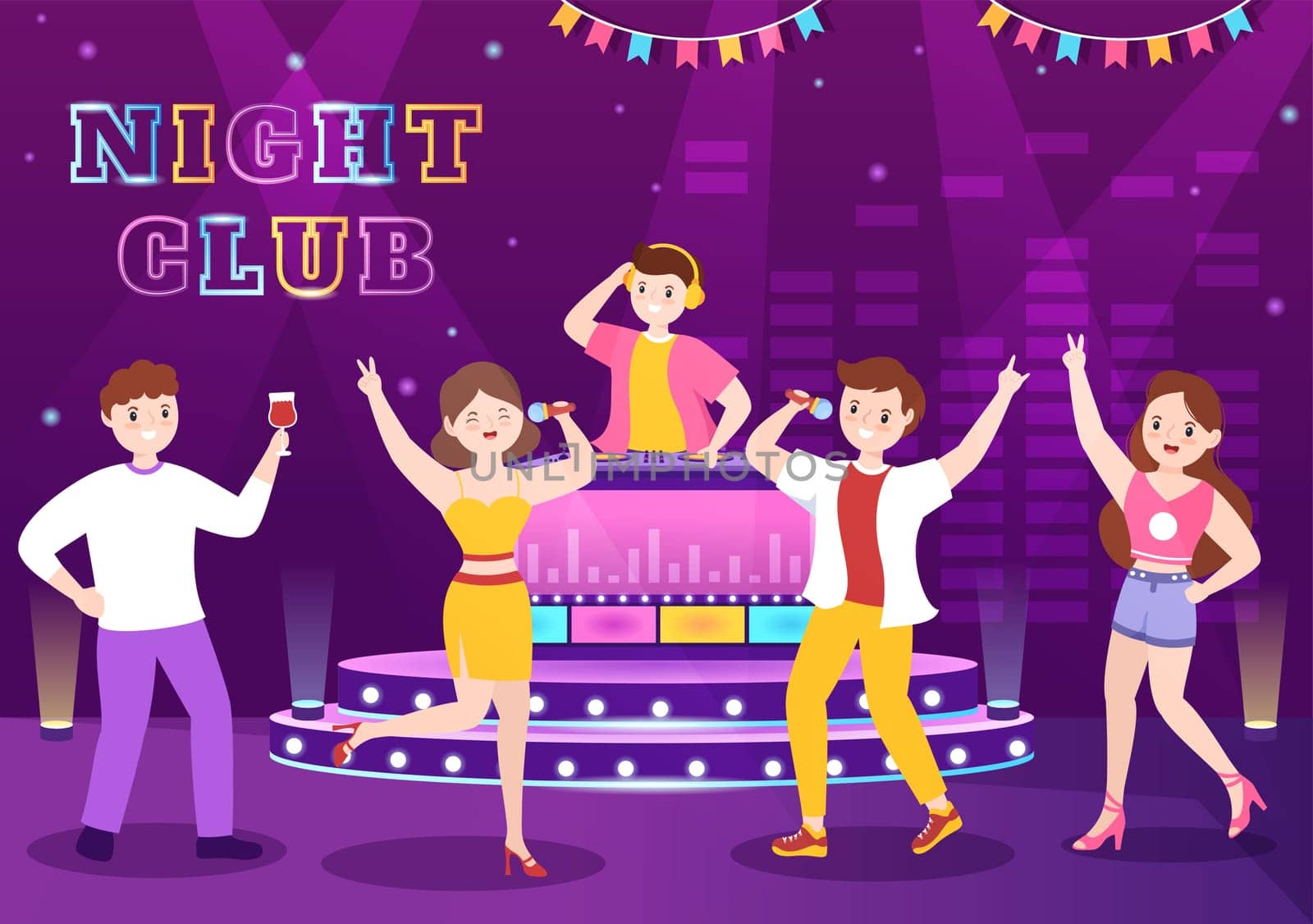 Night Club Cartoon Illustration with Nightlife like a Young People Drink Alcohol and Youth Dance Accompanied by Dj Music in Spotlight