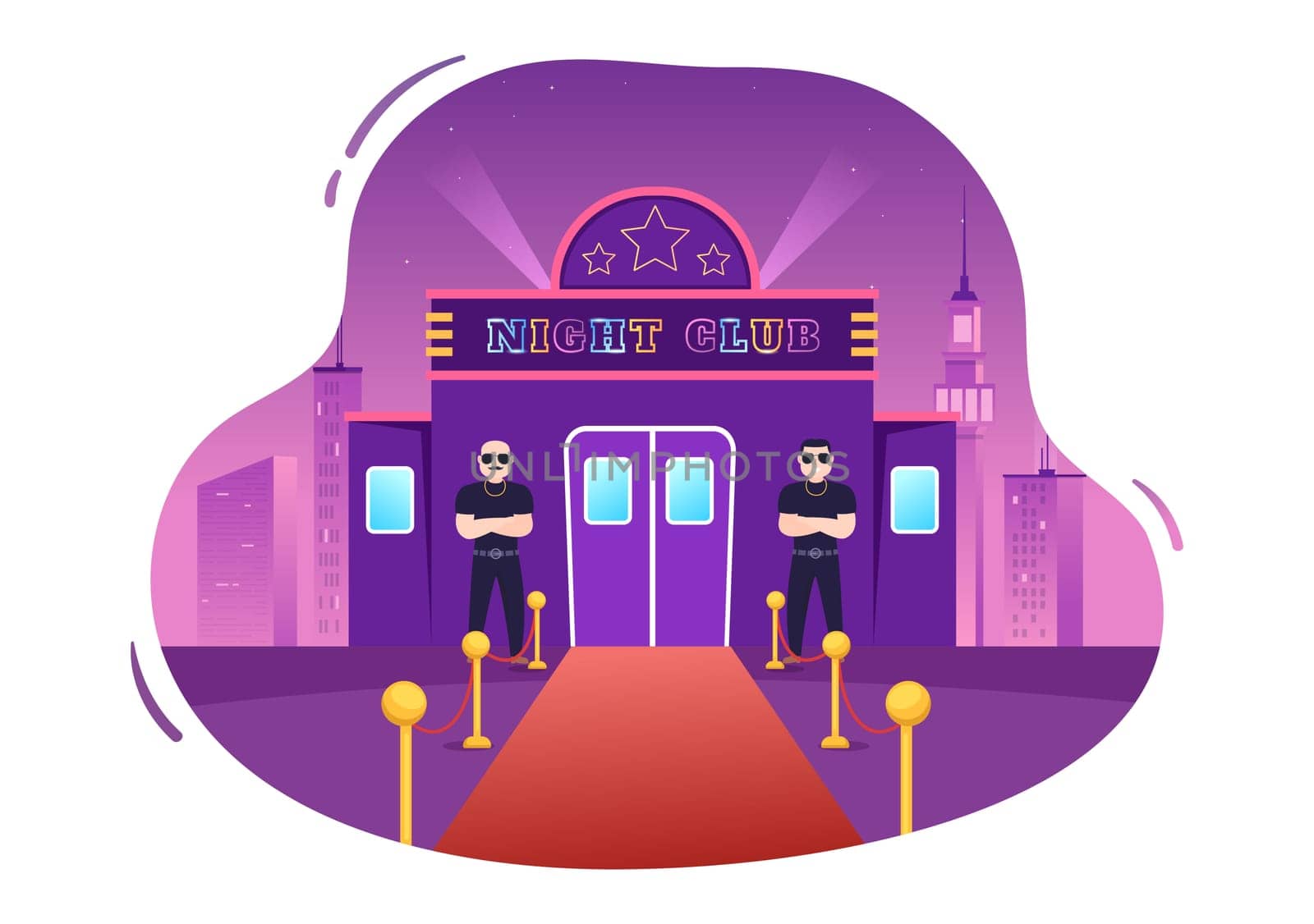 People Big and Bald Bouncers Standing Outside the Entrance to the Night Club in Flat Cartoon Illustration