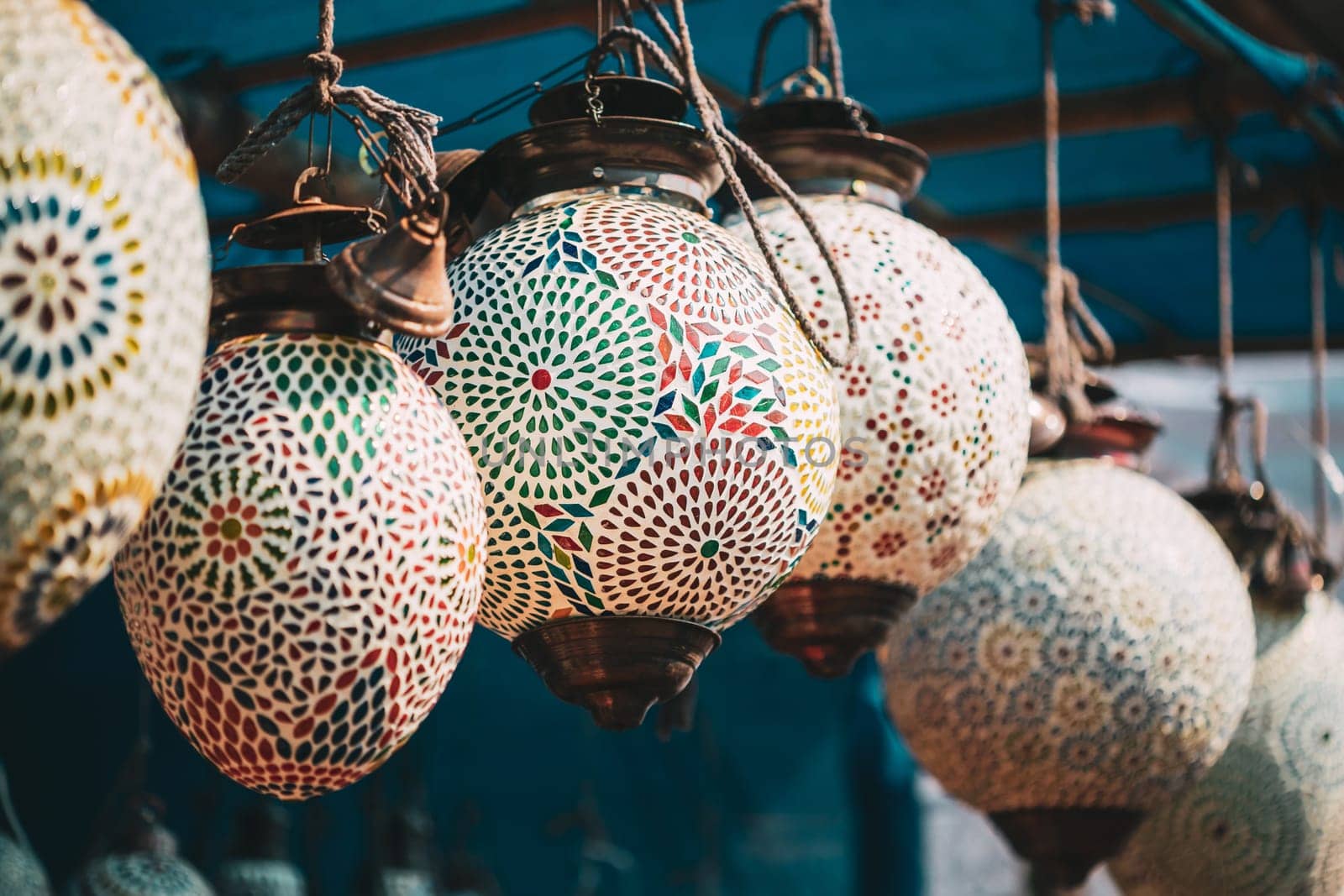 India. Market With Many Traditional Colorful Handmade Indian Lamps And Lanterns. Lanterns Hanging In Shop For Sale. Popular Souvenirs From India.