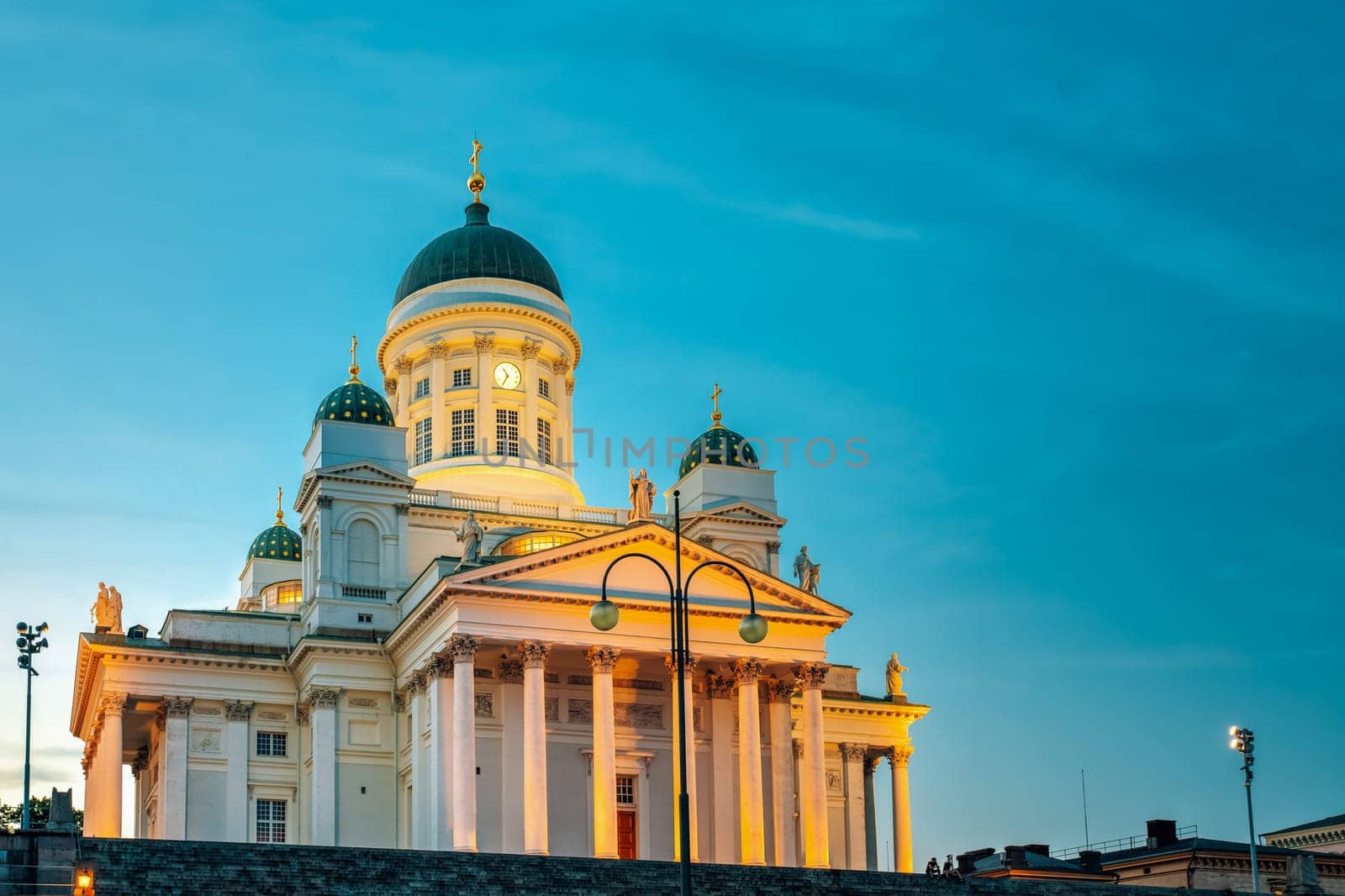 Senate Square With Lutheran Helsinki Cathedral At Summer Evening Night. Famous Landmark In Finnish Capital. Finland