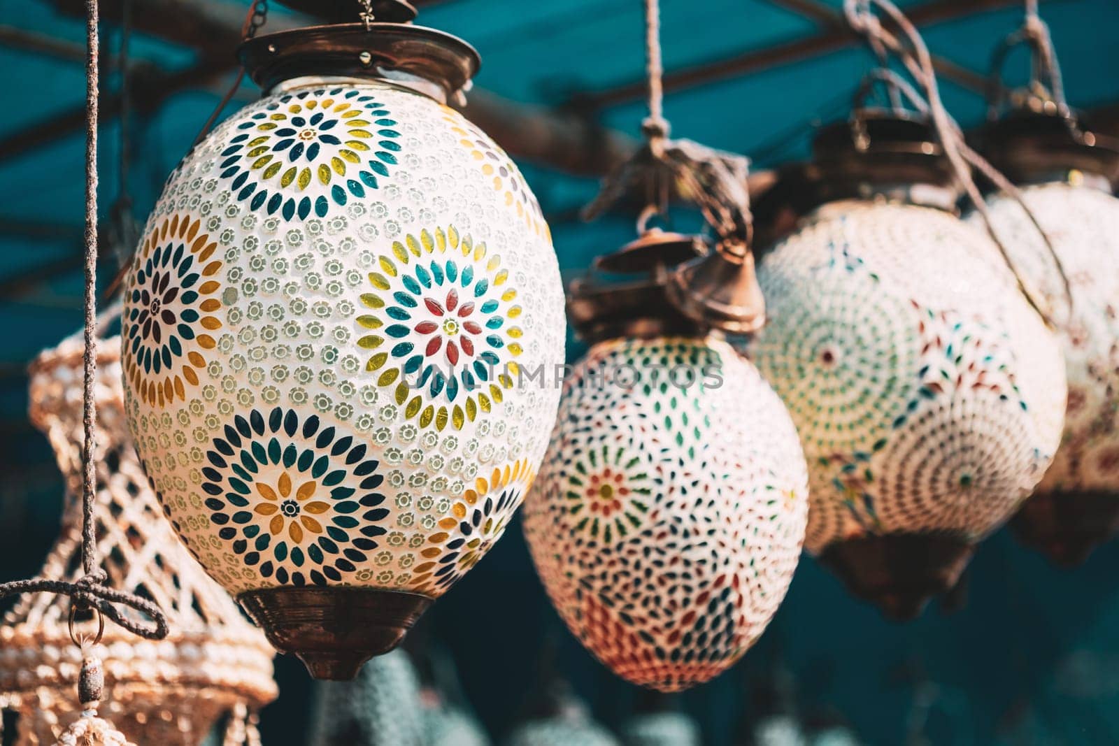 India. Market With Many Traditional Colorful Handmade Indian Lamps And Lanterns. Lanterns Hanging In Shop For Sale. Popular Souvenirs From India.