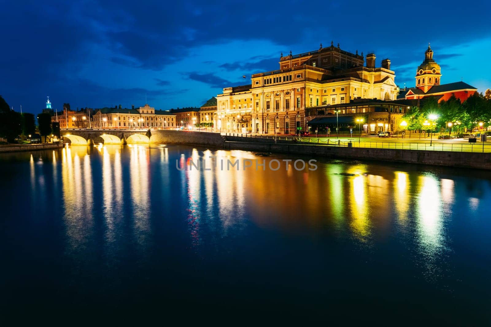 Night View Of Illuminated Stockholm Royal Opera in Evening, Sweden