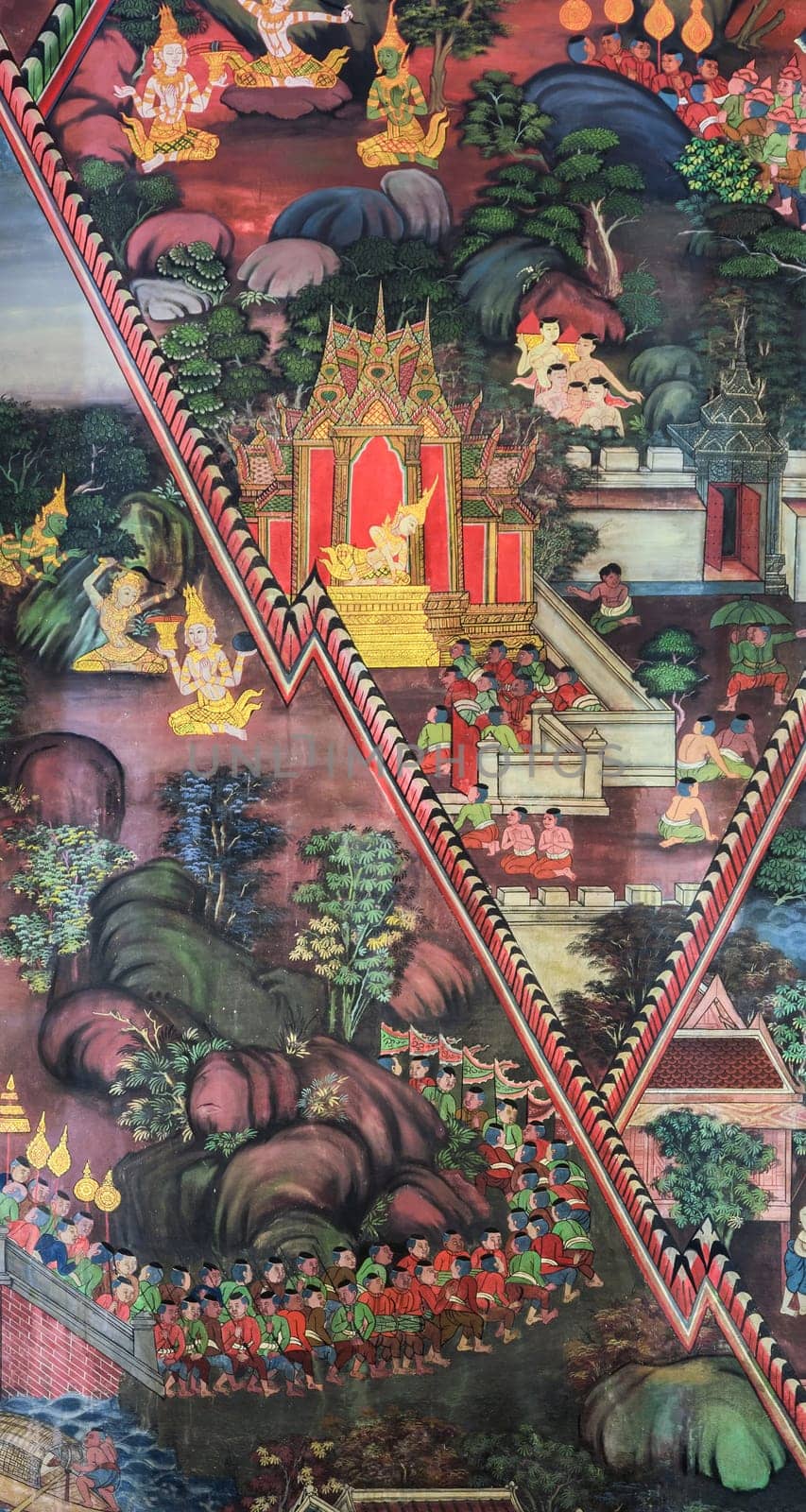 BANGKOK ,THAILAND - NOVEMBER 5, 2014 : Ancient Buddhist temple mural painting of the life of Buddha inside of Wat Kalayanamitr Varamahavihara in Bangkok, Thailand
