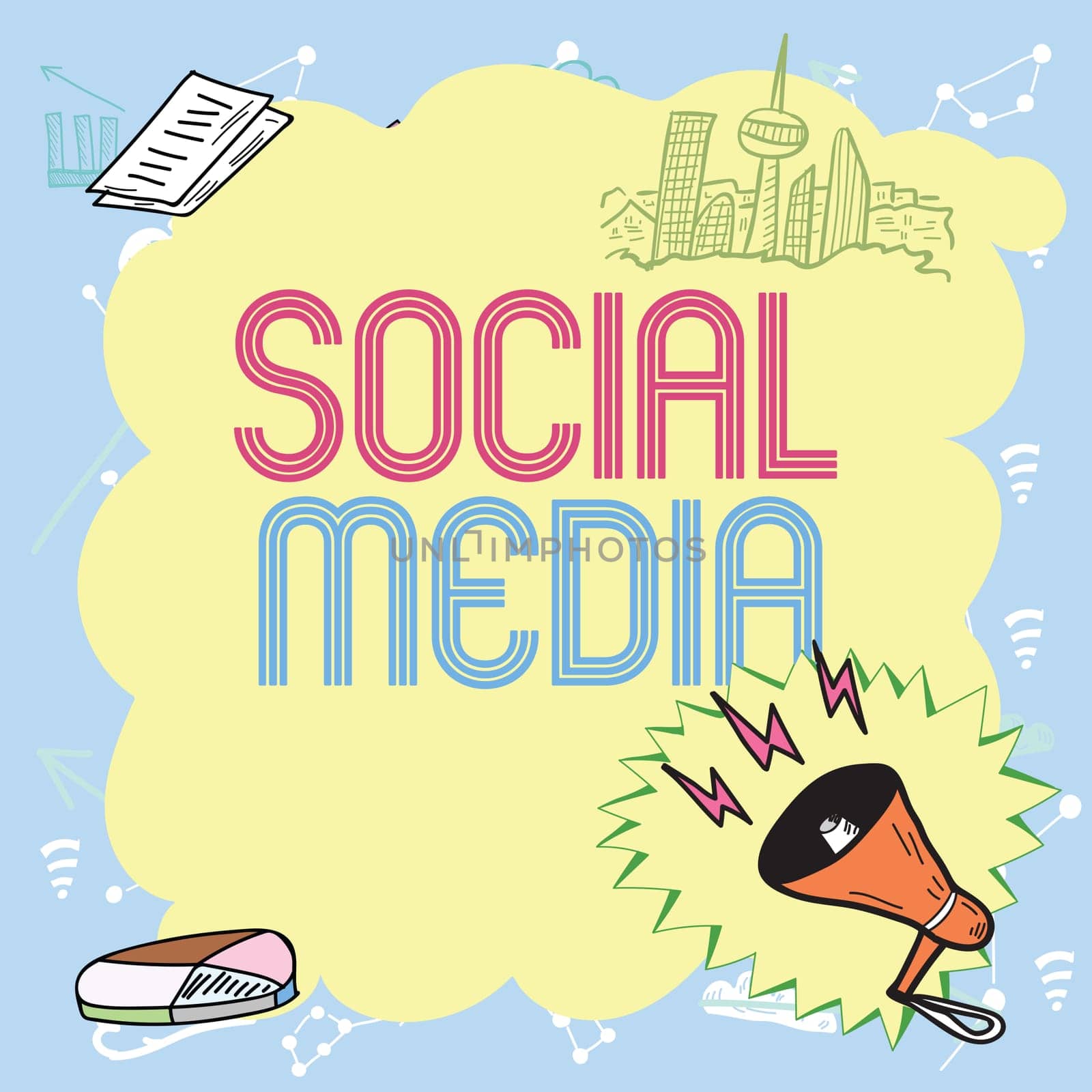 Inspiration showing sign Social Media, Business overview Online communication channel Networking Microblogging Important Messages Presented In Frame With Megaphone, Chart And Skyline.