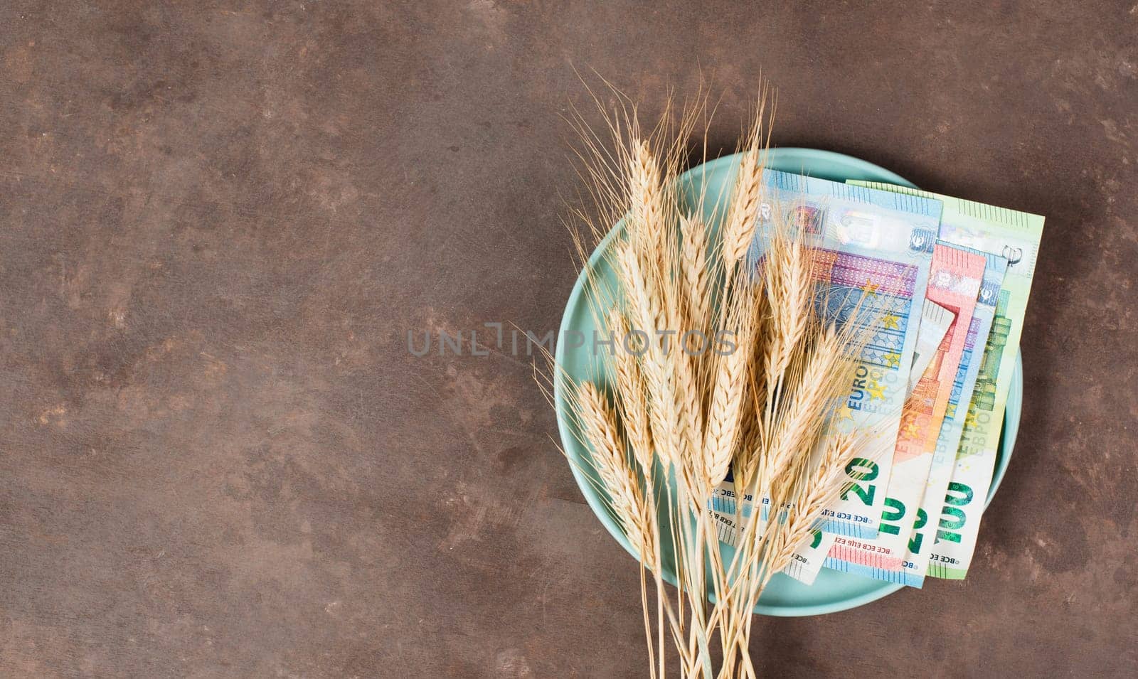 Plate with wheat and Euro banknotes, food shortage and increasing prices, poverty through inflation