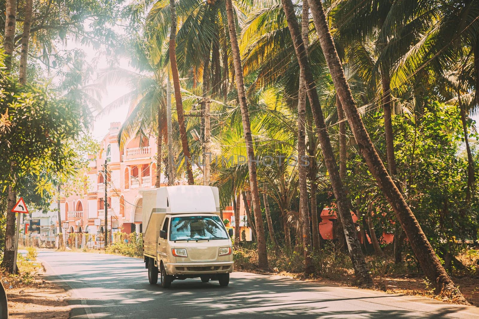 Goa, India. Truck Of Ashok Leyland Moving On Street In Sunny Summer Day.