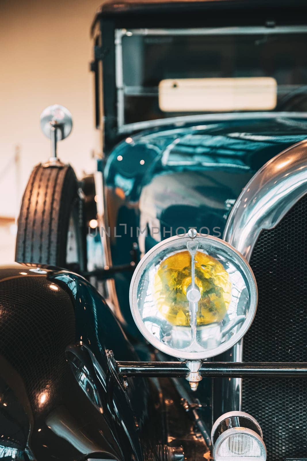 Close Headlamp Of Black Retro Vintage Oldtimer Car.