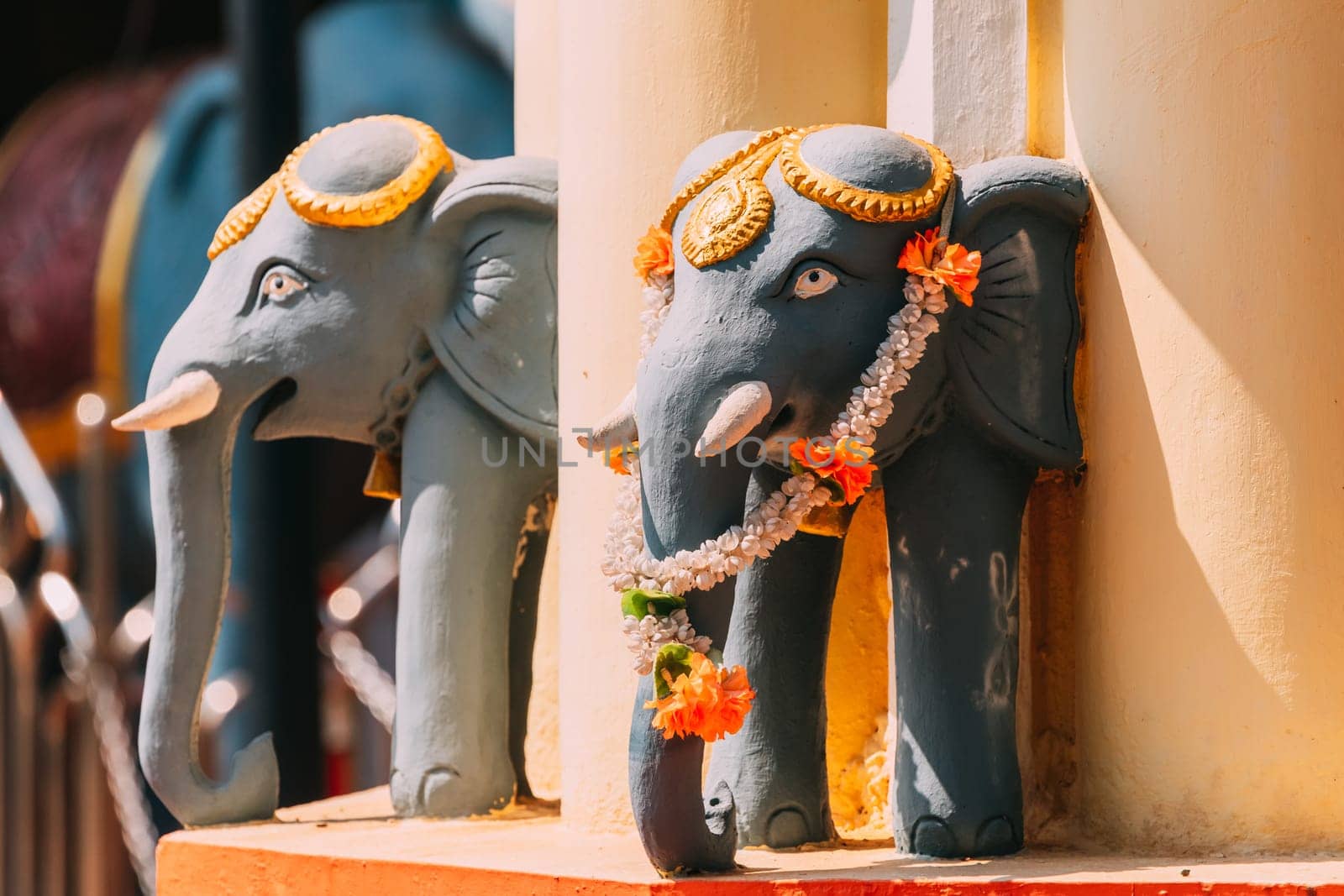 Mapusa, Goa, India. Elephant Statue Near The Shree Ganesh Mandir, Ganeshpuri Temple. Famous Landmark And Popular Destination.
