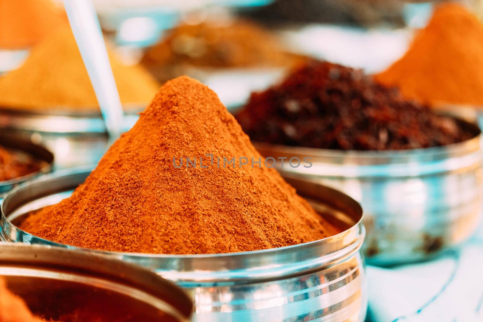 Close View Of Masala Curry, Bright Colors Fragrant Seasoning, Condiment In Tray On Local Food Market, Bazaar.