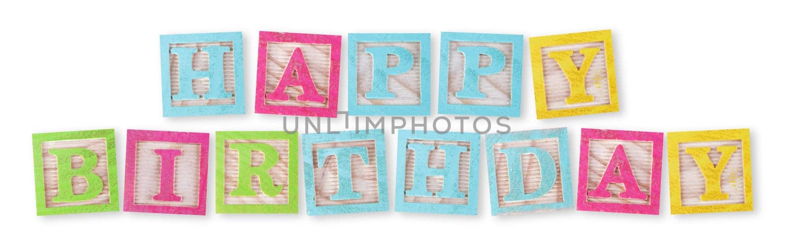 A Happy birthday concept with childs wood blocks on white with clipping path to remove shadow