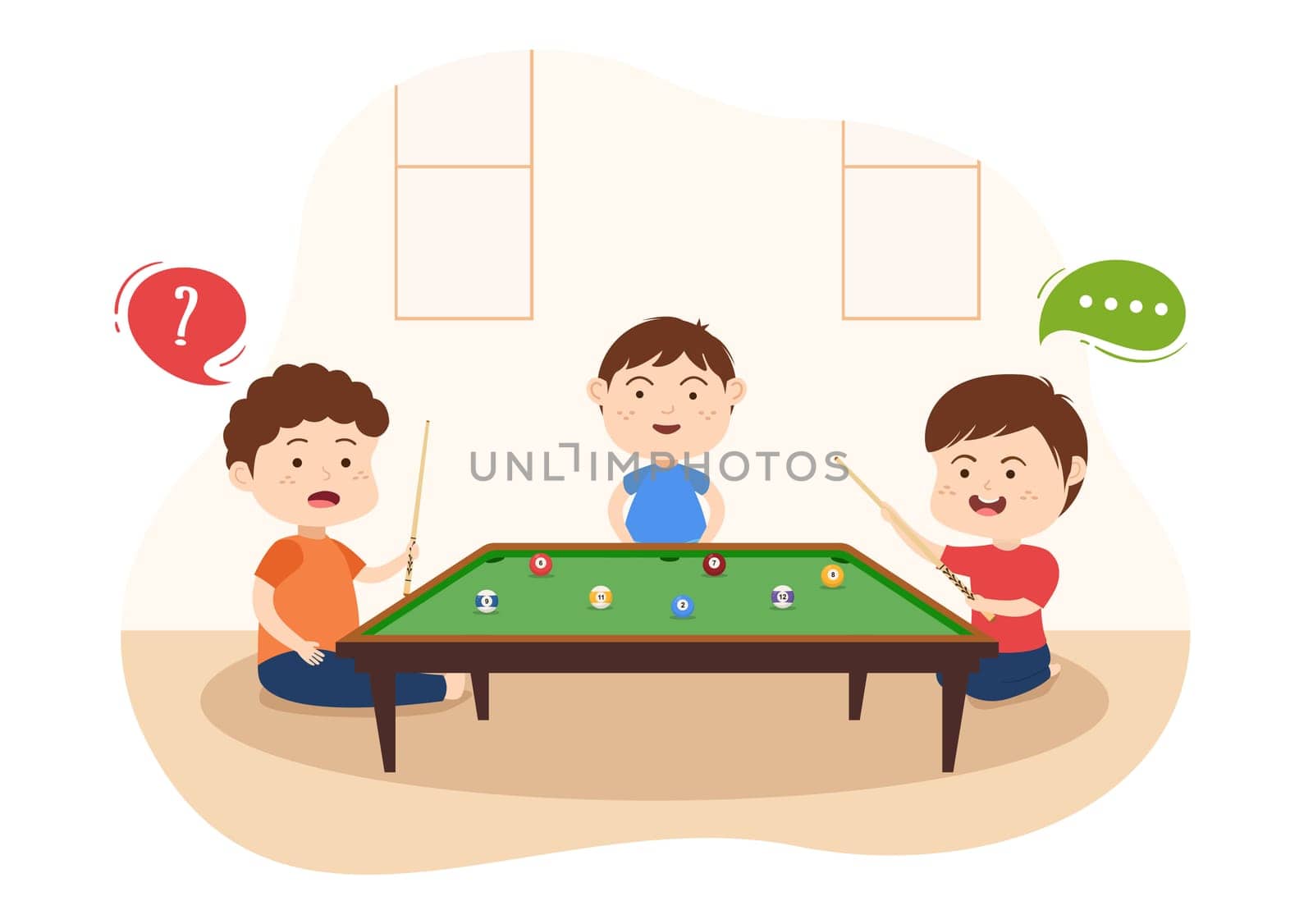 Billiards Game Hand Drawn Cartoon Flat Illustration with kids Player Pool Room with Stick, Cue Aiming at Billiard Balls in Sports Club