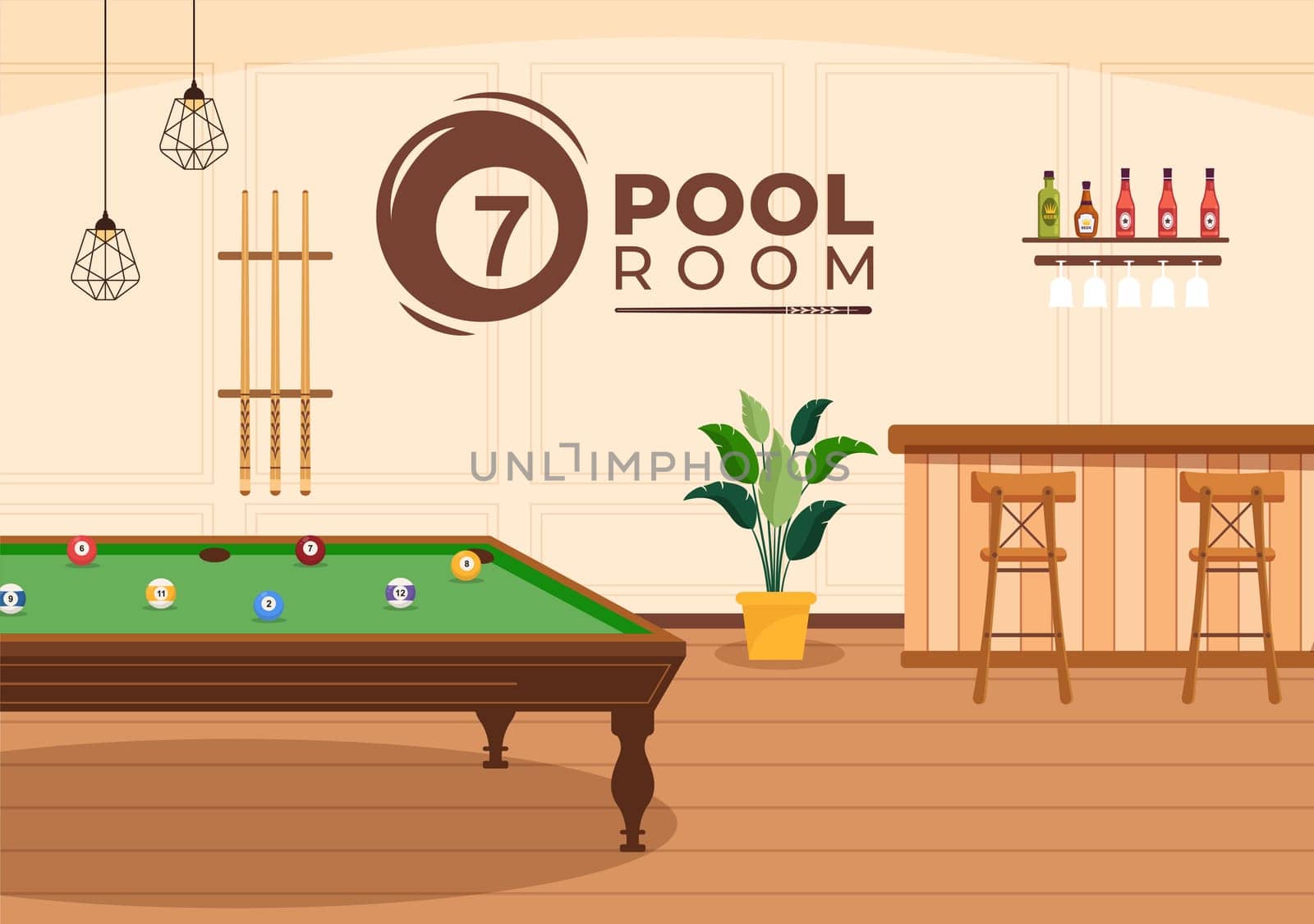 Billiards Game Hand Drawn Cartoon Flat Background Illustration with Pool Room with Stick and Billiard Balls in Sports Club