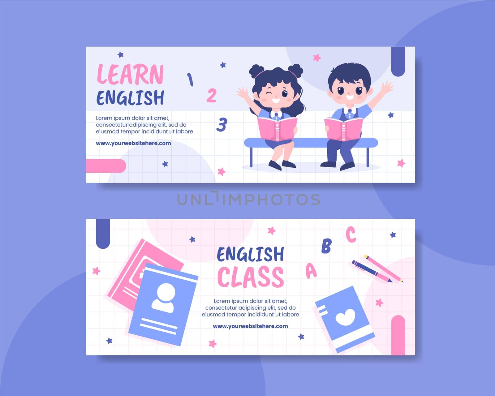 English Class Horizontal Banner Template Hand Drawn Cartoon Flat Illustration