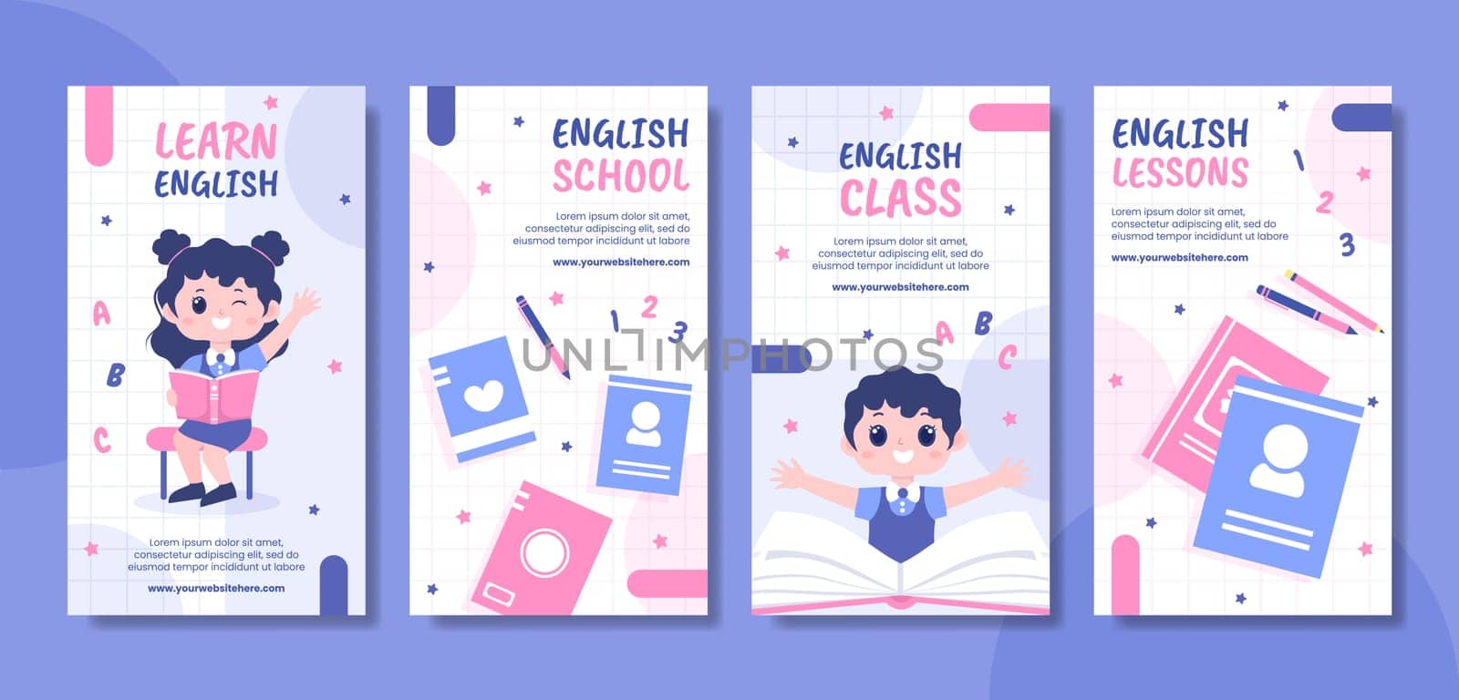 English Class Social Media Stories Template Hand Drawn Cartoon Flat Illustration