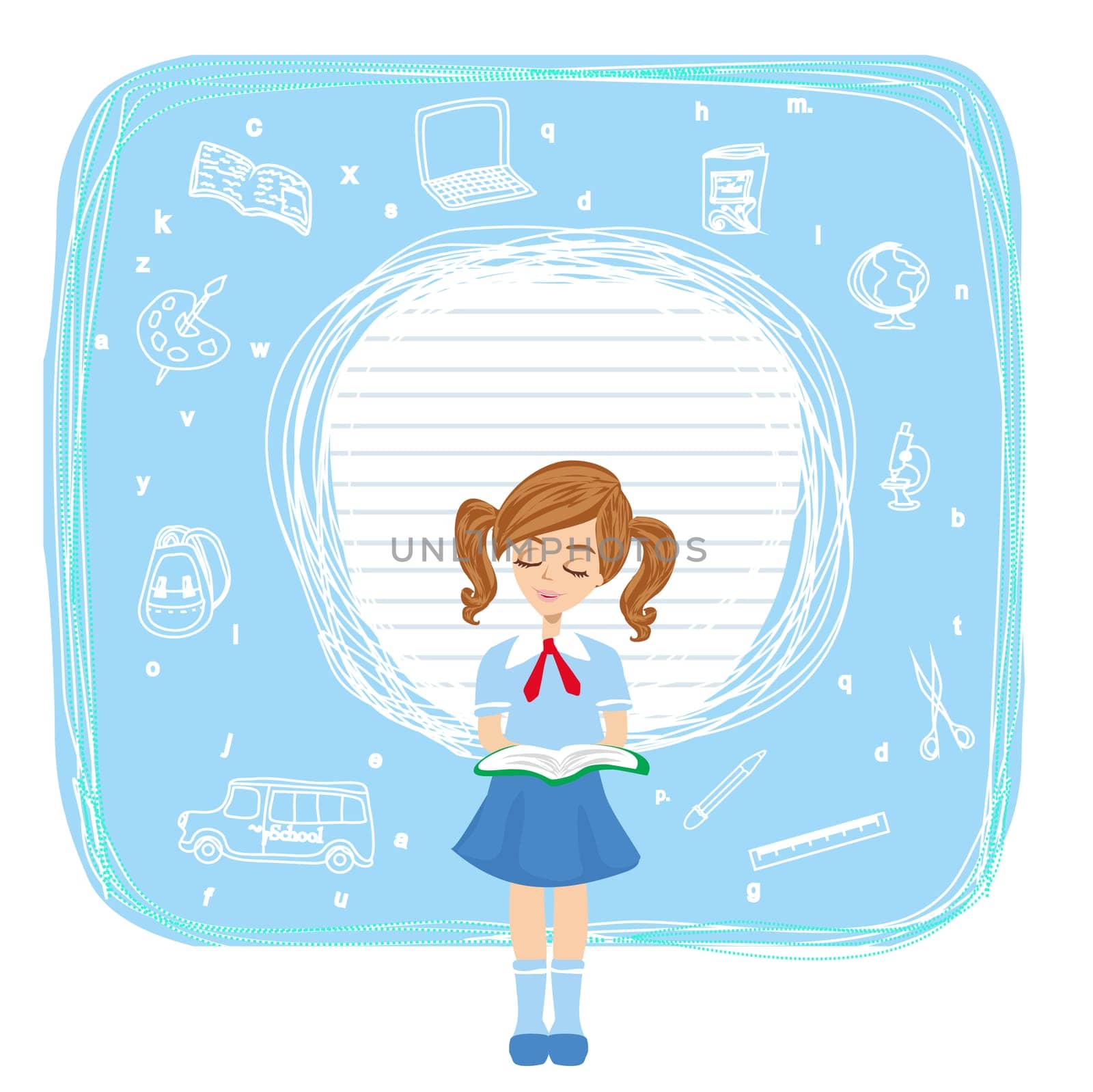 beautiful schoolgirl reads a book - frame with space for text