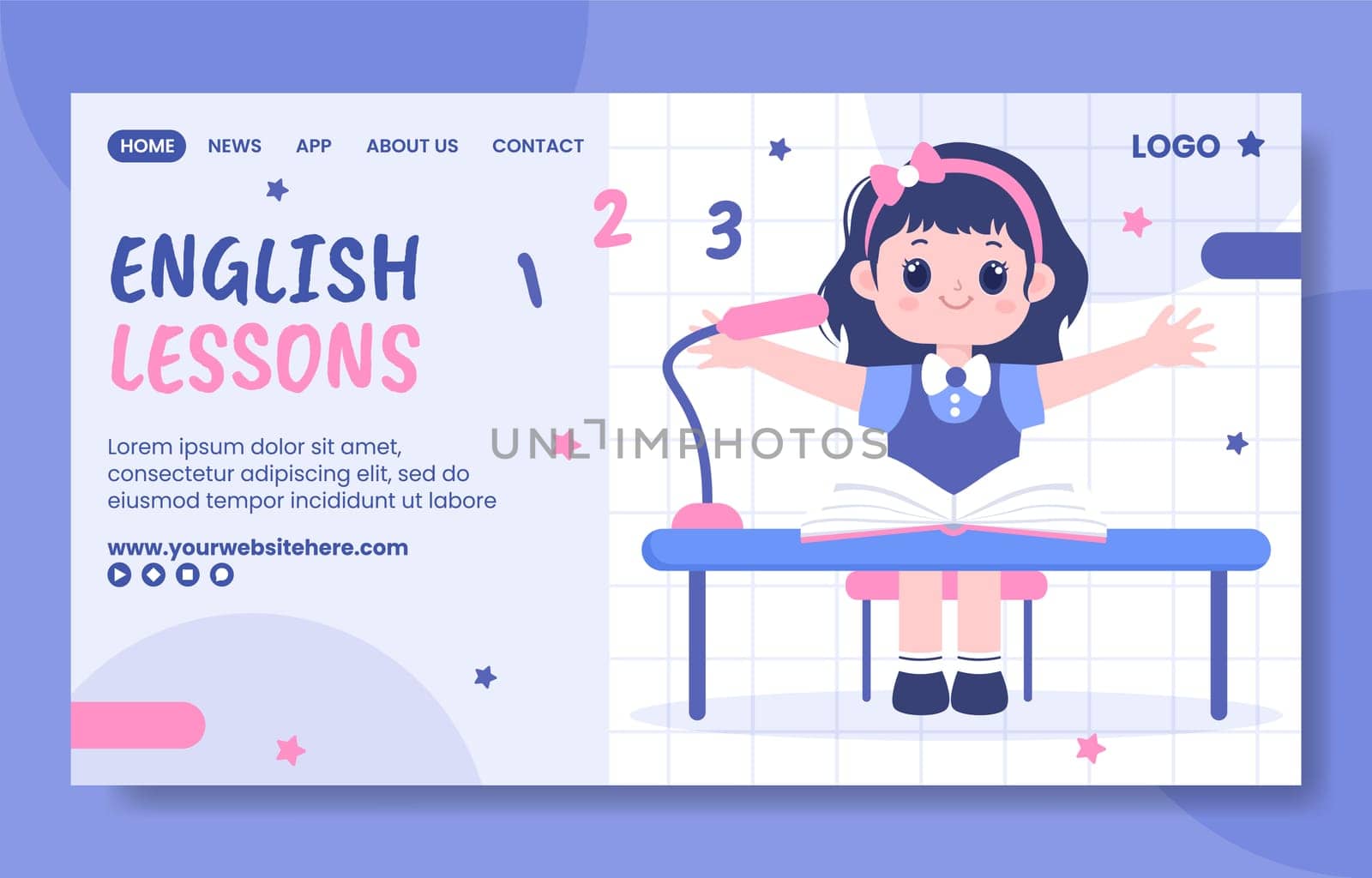 English Class Social Media Landing Page Template Hand Drawn Cartoon Flat Illustration