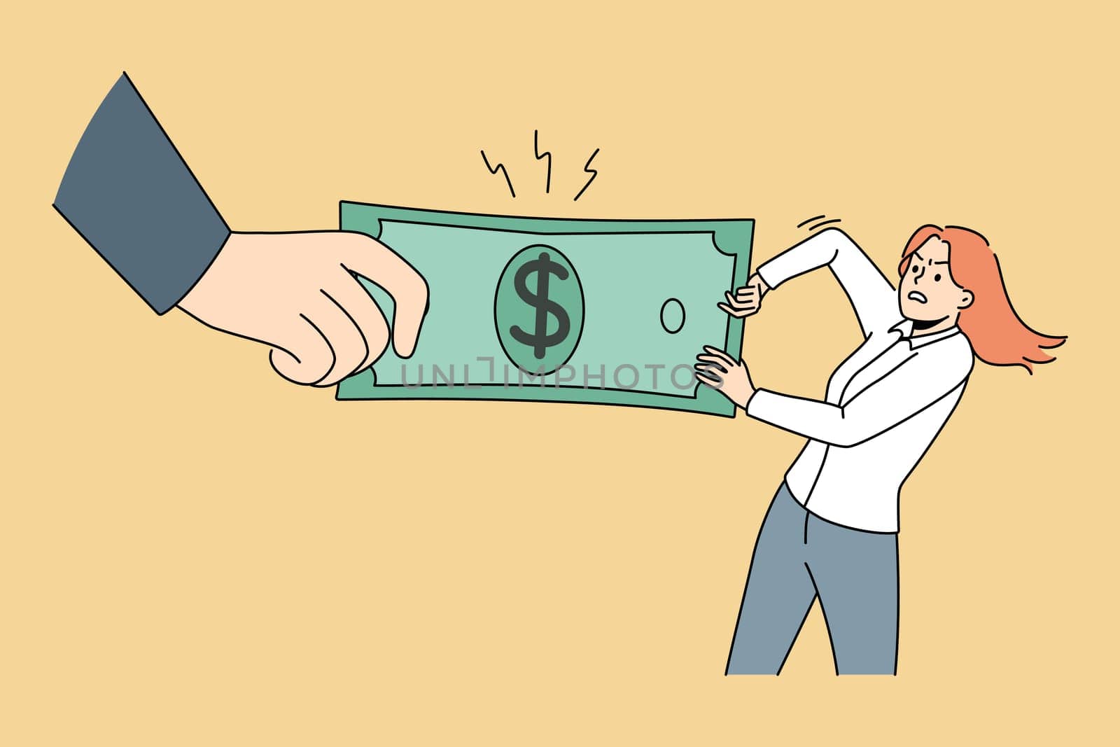 Huge hand taking banknote from desperate woman. Hand of state or bank get money from people. Tax and earning concept. Vector illustration.