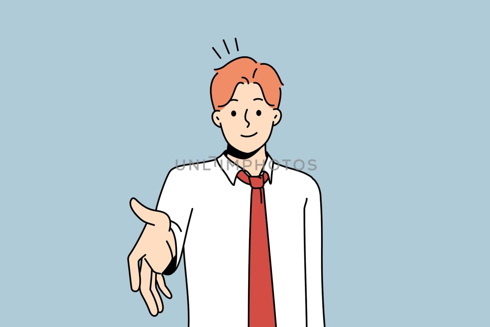 Smiling young businessman stretch hand for handshake with business client or partner. Male employee handshake customer. Greeting or acquaintance. Vector illustration.