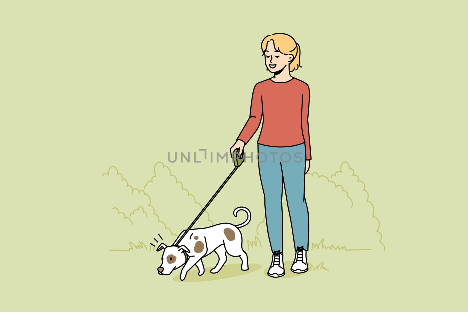 Girl walking dog on leash outdoors. Happy child with pet enjoying walk in park. Domestic animal and friendship. Vector illustration.