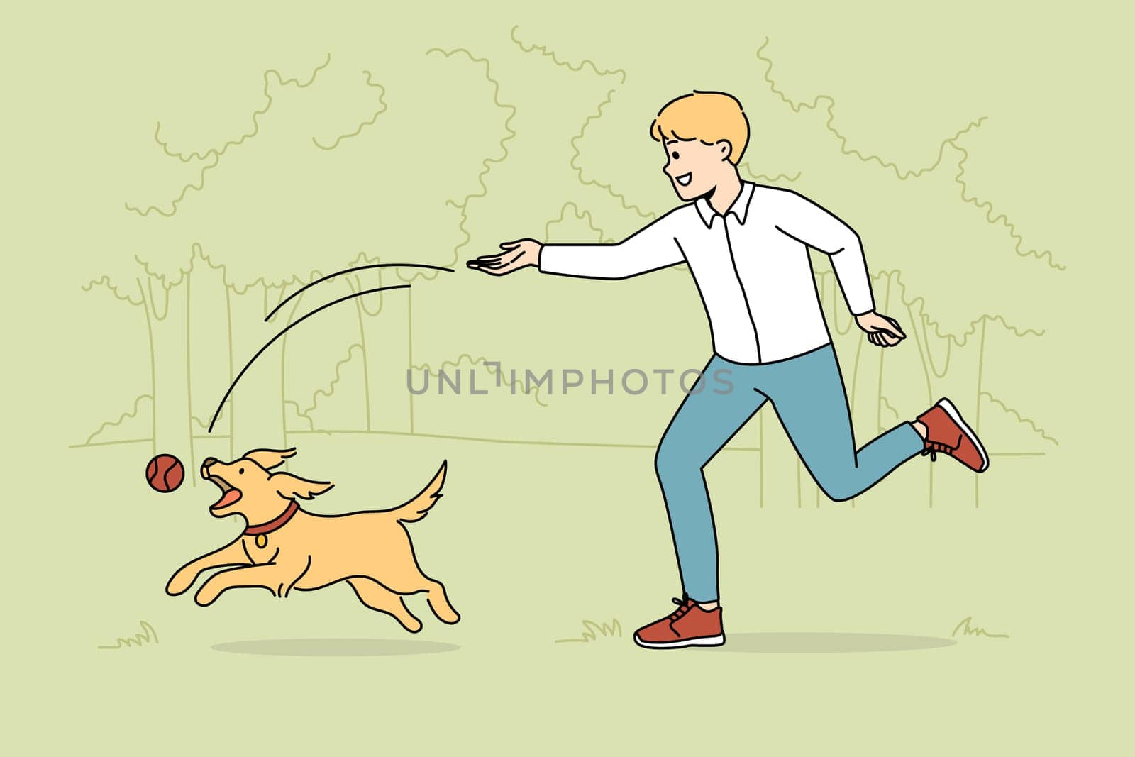 Happy boy playing with pet in park. Smiling kid have fun with ball and pet outdoors. Domestic animals concept. Vector illustration.