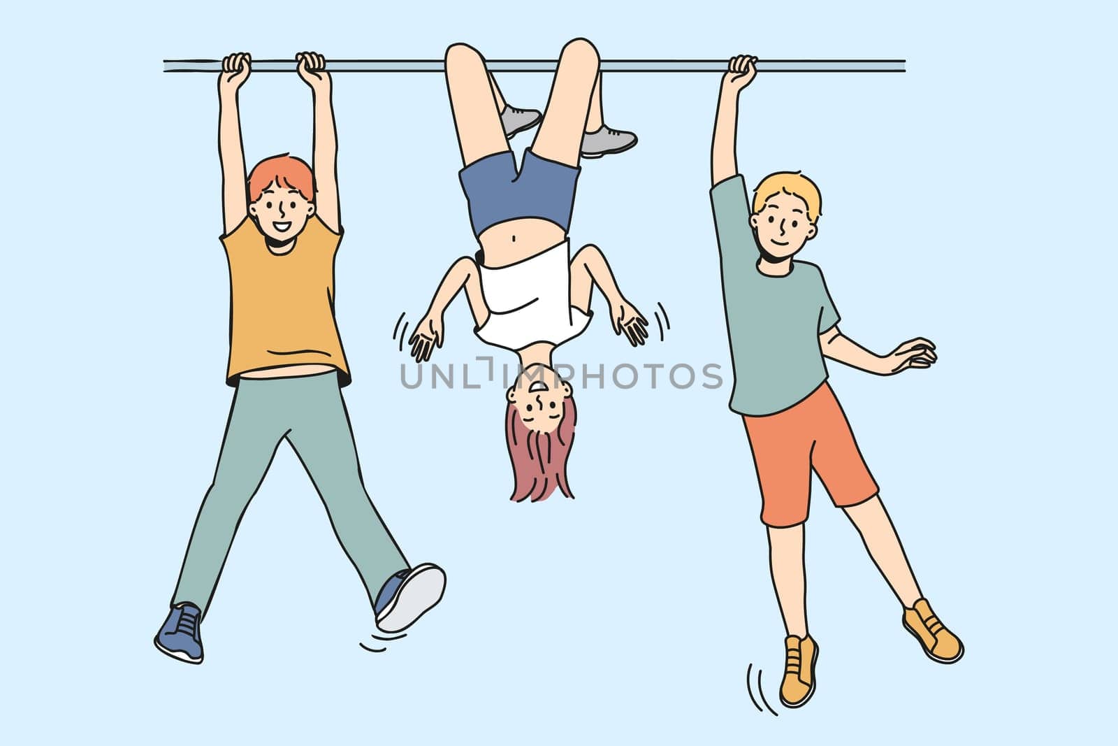 Happy small children have fun playing together outdoors. Smiling kids enjoy sportive active outdoor activity. Childhood. Vector illustration.