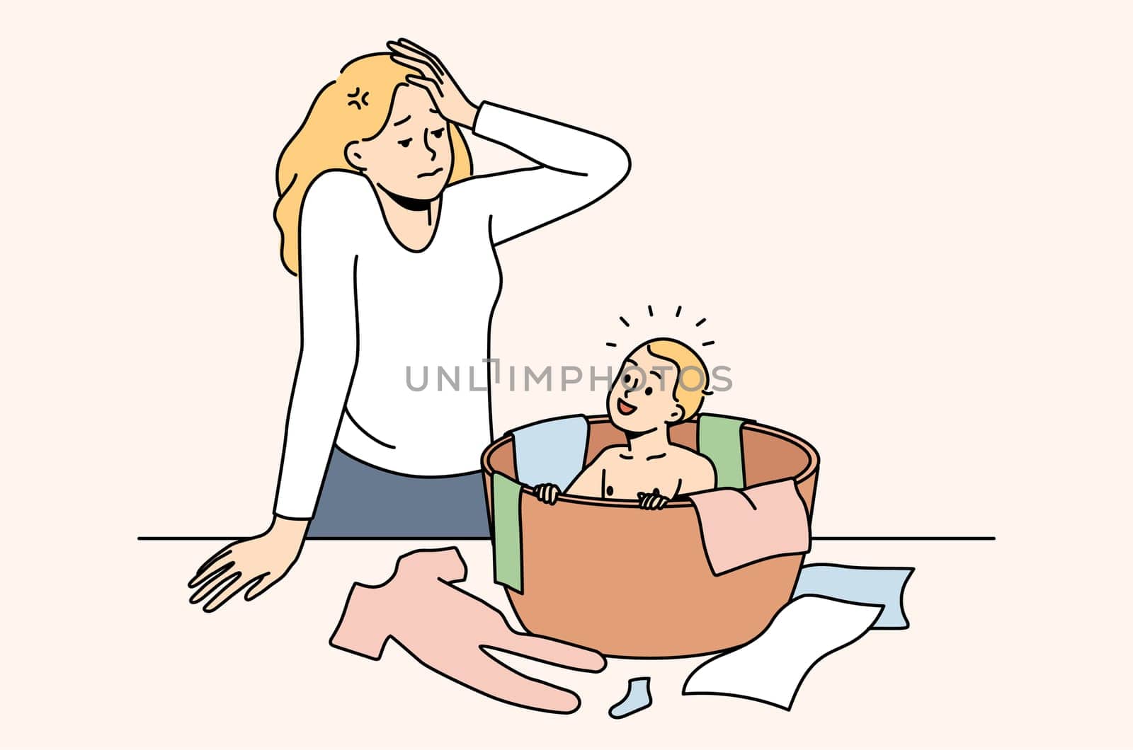 Stressed young woman feel tired with motherhood and small kid. Unhappy frustrated mother exhausted with toddler and parenthood. Vector illustration.