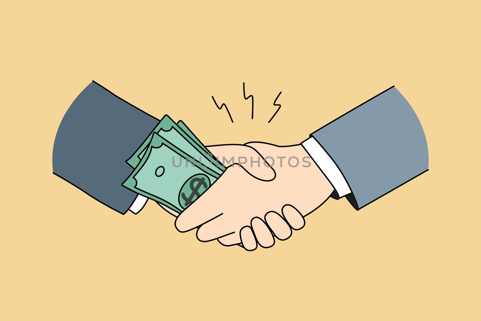 Businessmen shaking hands giving money bribe. Close-up of male business partners handshake closing deal. Financial bribery concept. Vector illustration.