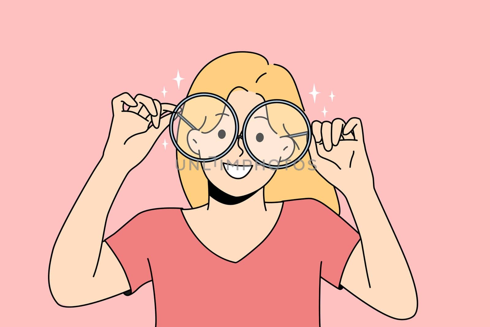 Smiling girl in big glasses for sight correction. Happy child wear spectacles for better eyesight. Optics concept. Vector illustration.