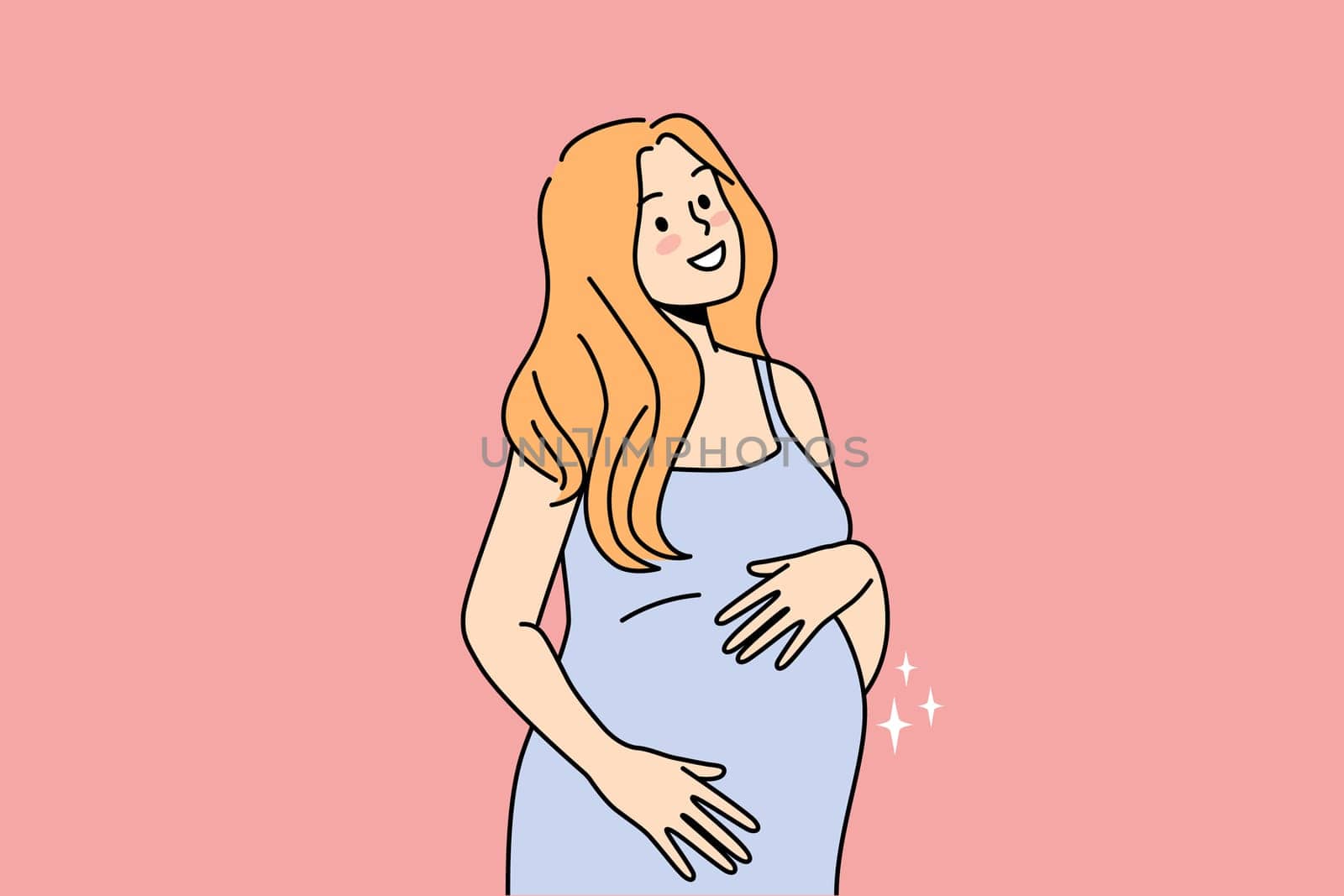 Smiling young woman touching belly excited with pregnancy. Happy pregnant female hold hands caress abdomen. Motherhood concept. Vector illustration.