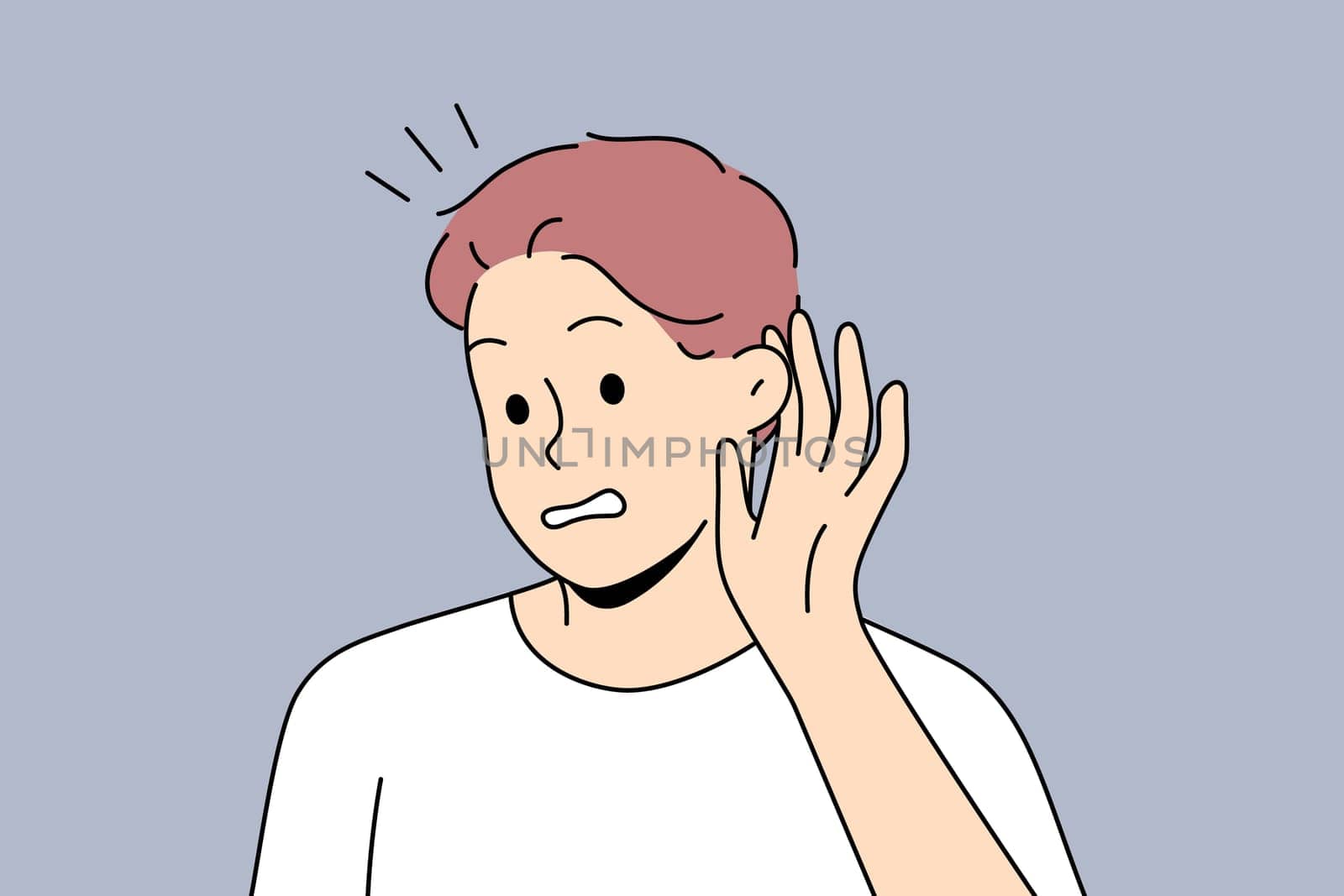 Man make hand gesture hearing gossip or rumor. Frustrated male listening to hidden or secret information. Vector illustration.