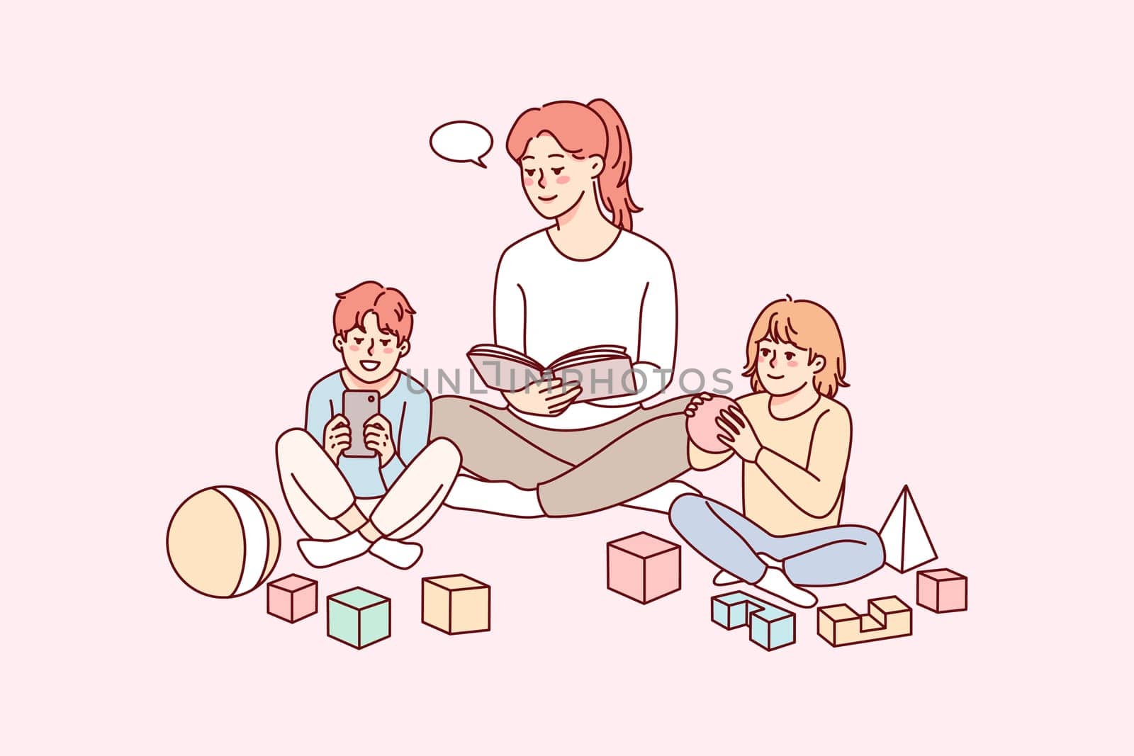 Happy young mother relax together with small kids at home. Mom or nanny rest with little children indoors. Childhood and parenthood. Vector illustration.