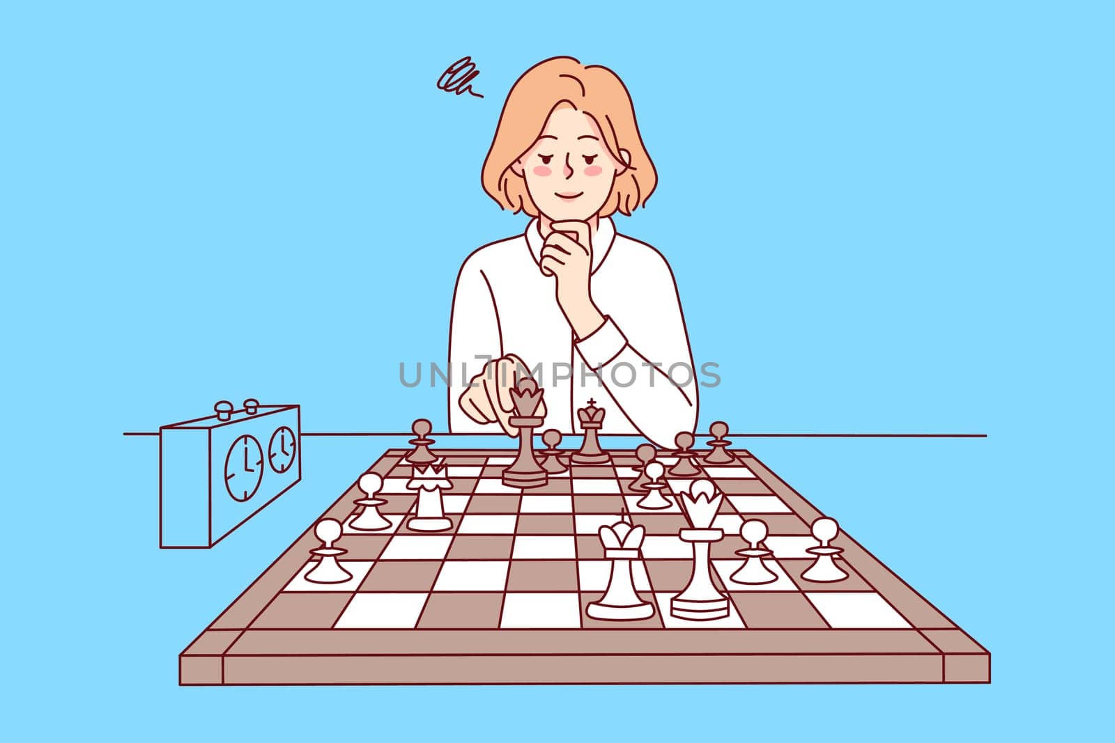 Smart girl playing chess. Clever young woman sit at desk enjoy logical board game. Knowledge and hobby. Vector illustration.