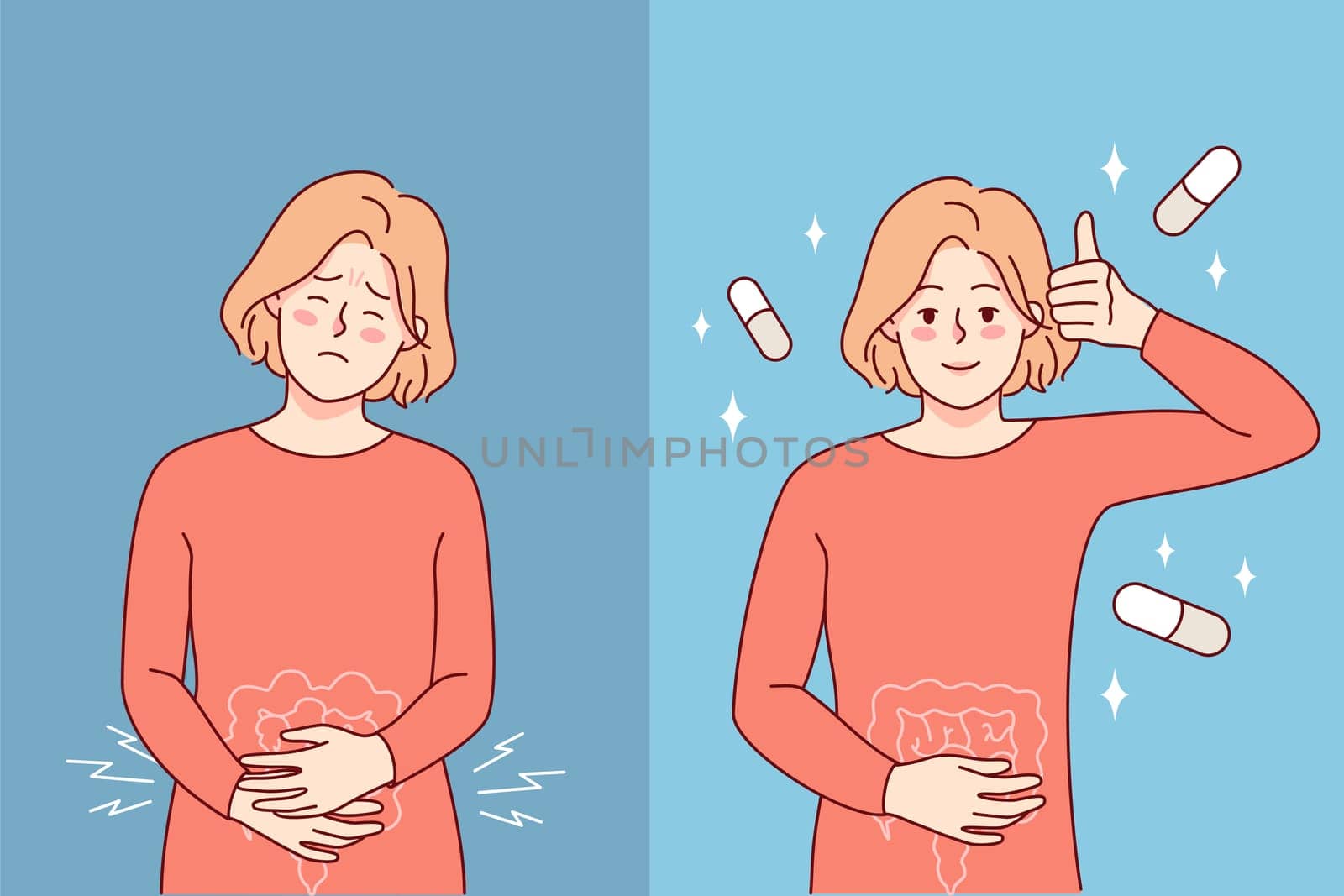 Unhealthy woman suffer from stomachache and feel better after pill. Girl taking medication from belly pain. Medicine and pharmacology. Vector illustration.